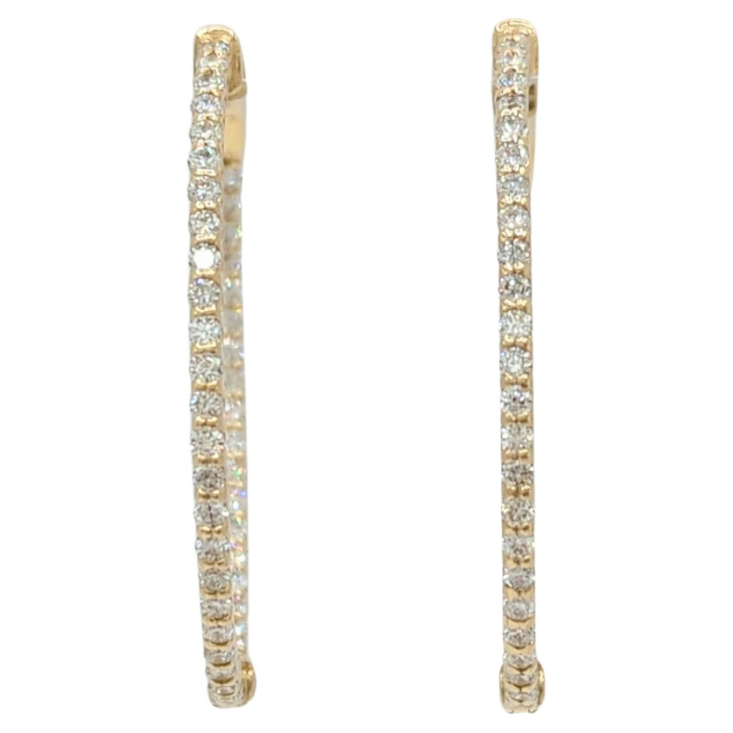 White Diamond In & Out Hoop Earrings in 14K Yellow Gold For Sale