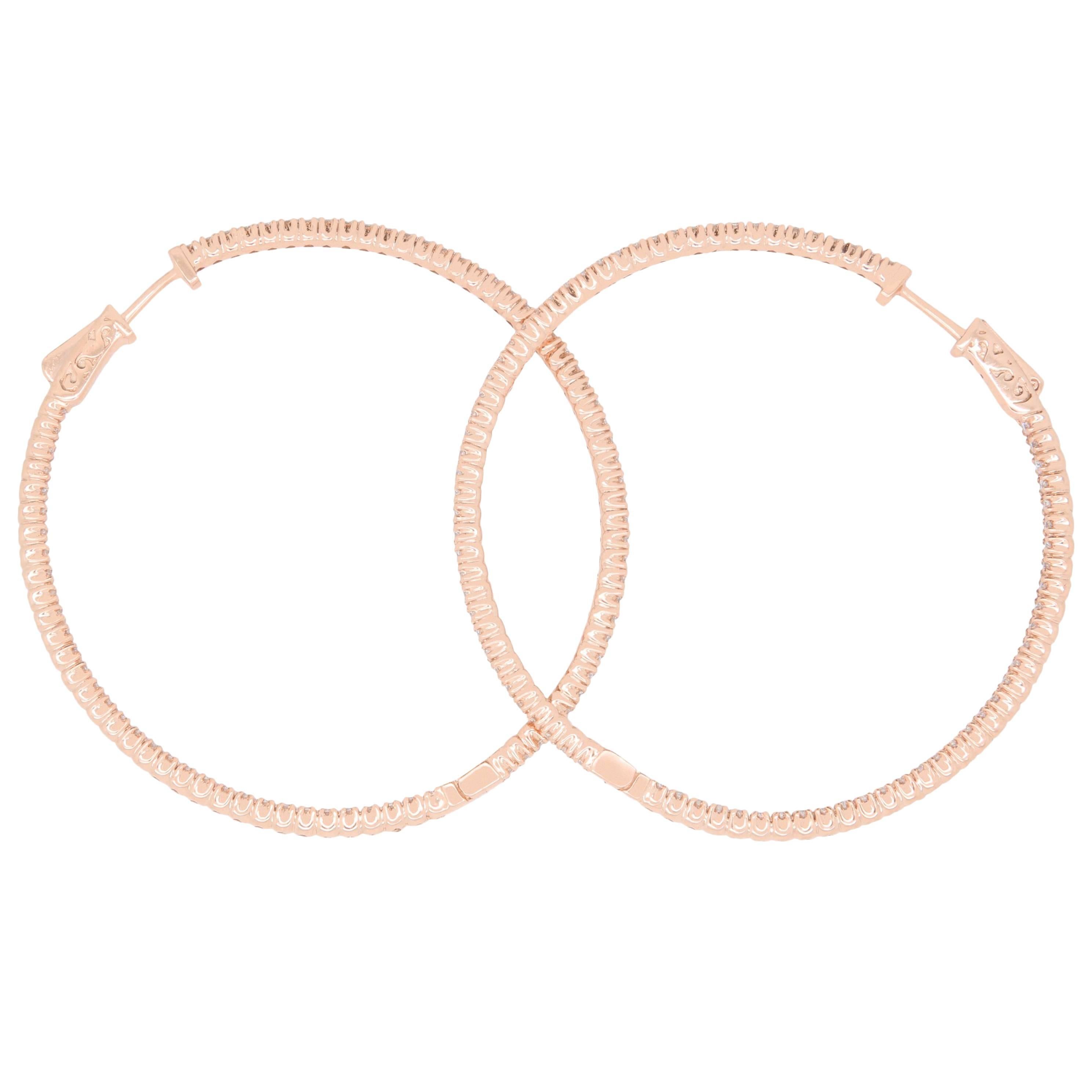 Contemporary White Diamond Inside Out Round Hoops Fashion Earrings 14k Rose Gold For Sale