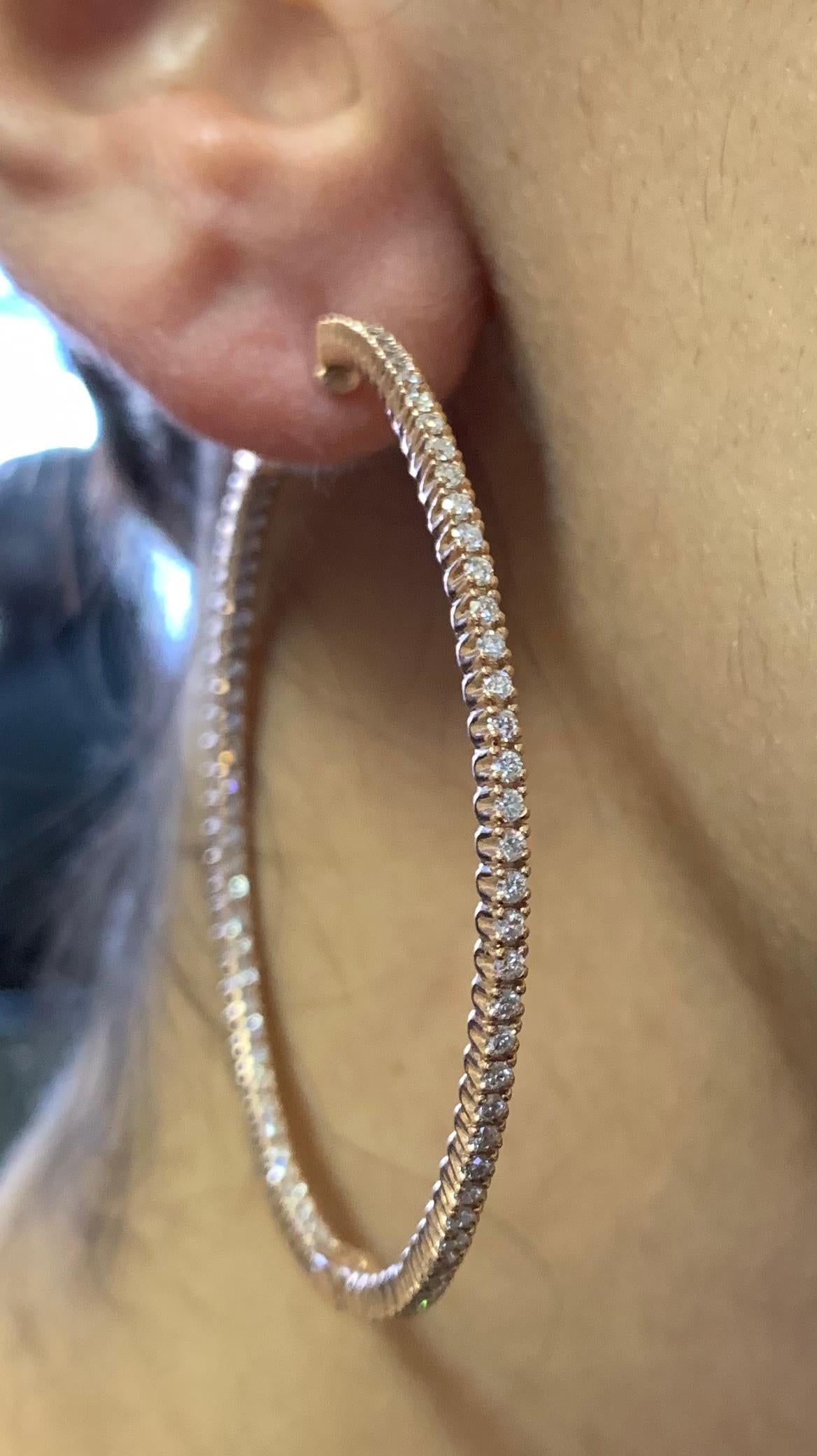 Round Cut White Diamond Inside Out Round Hoops Fashion Earrings 14k Rose Gold For Sale