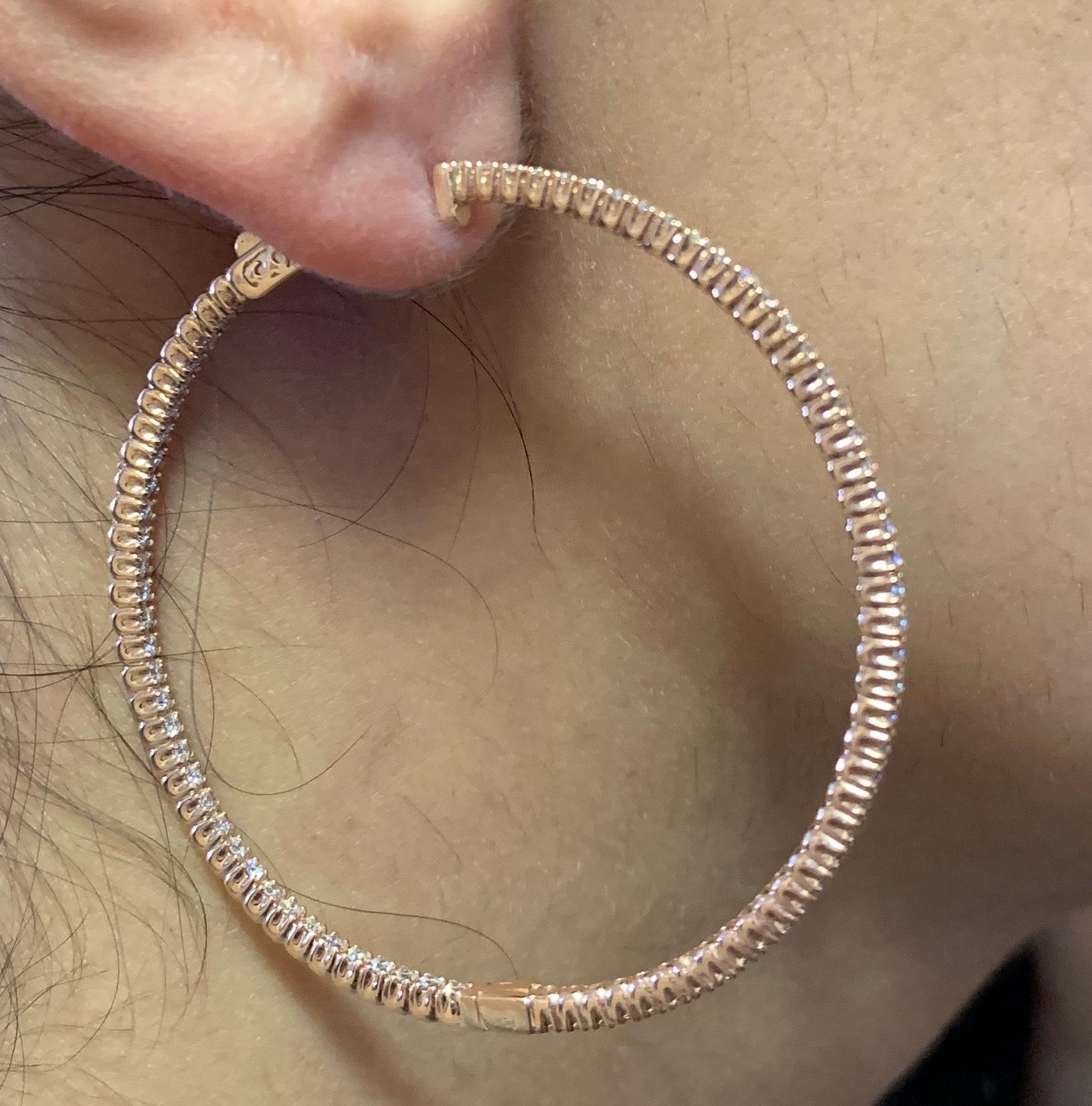 White Diamond Inside Out Round Hoops Fashion Earrings 14k Rose Gold In New Condition For Sale In GREAT NECK, NY