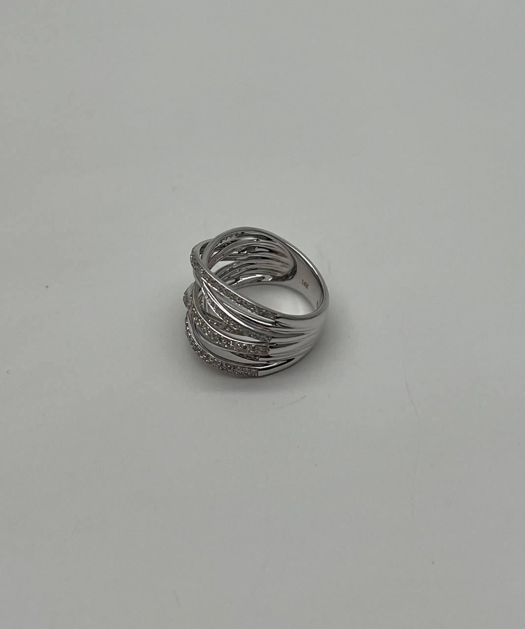Modern White Diamond Intertwining Layer Wave Lines 14K White Gold Statement Full Ring For Sale