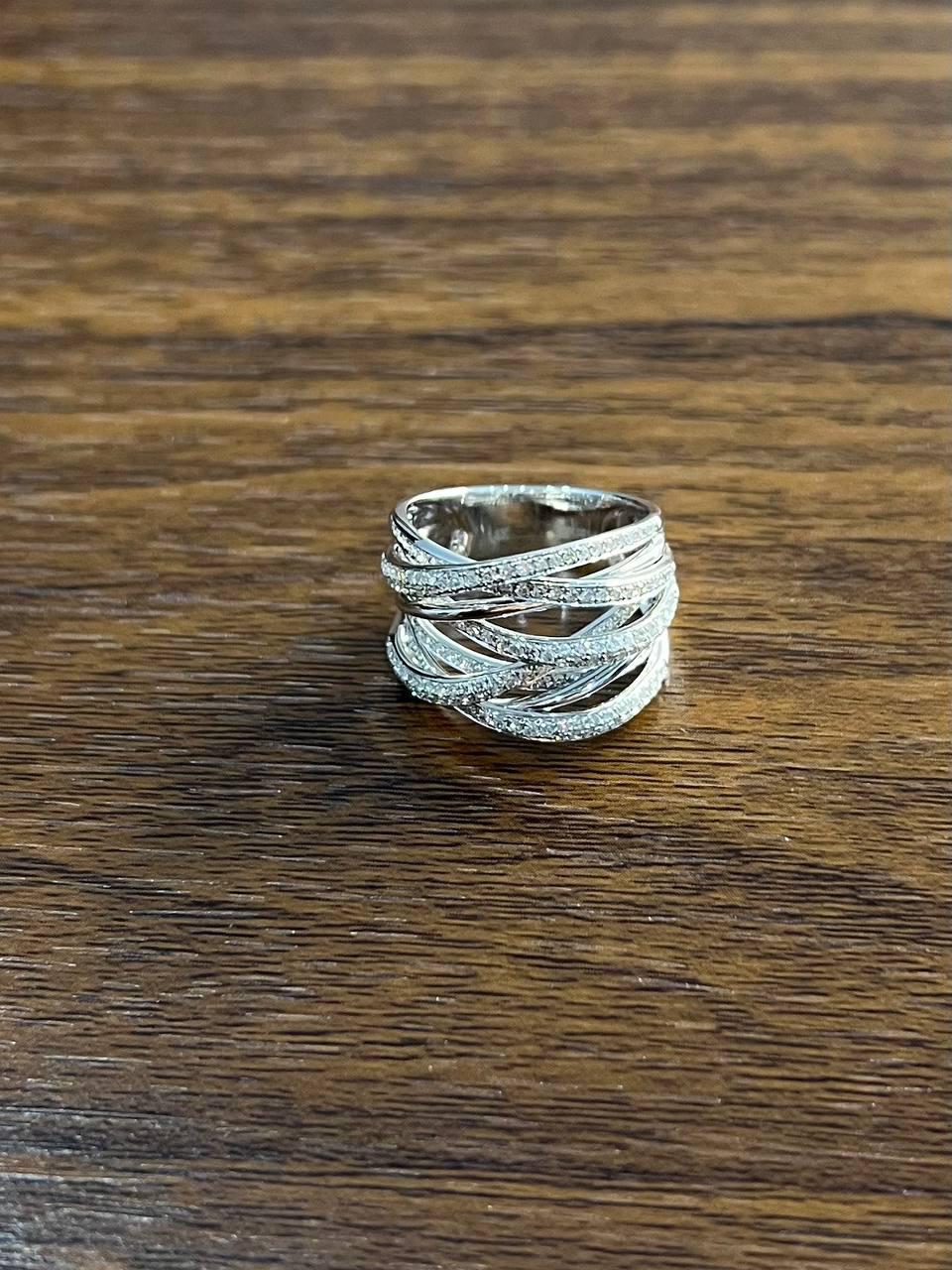 White Diamond Intertwining Layer Wave Lines 14K White Gold Statement Full Ring In New Condition For Sale In Oakton, VA