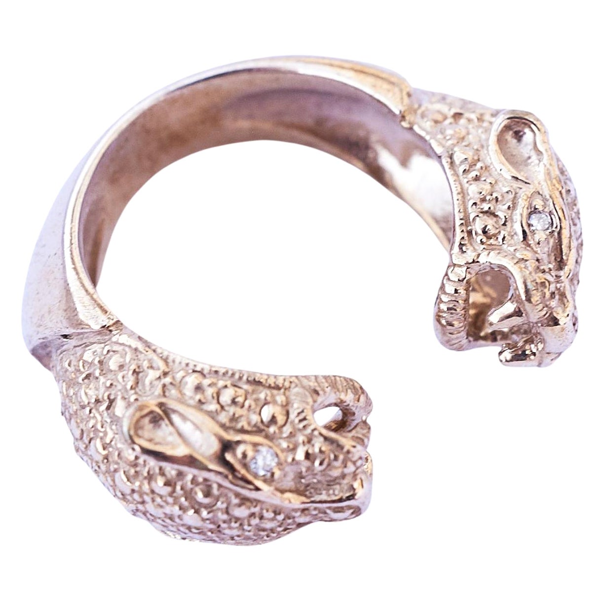 White Diamond Jaguar Panther Ring Bronze Animal Jewelry J