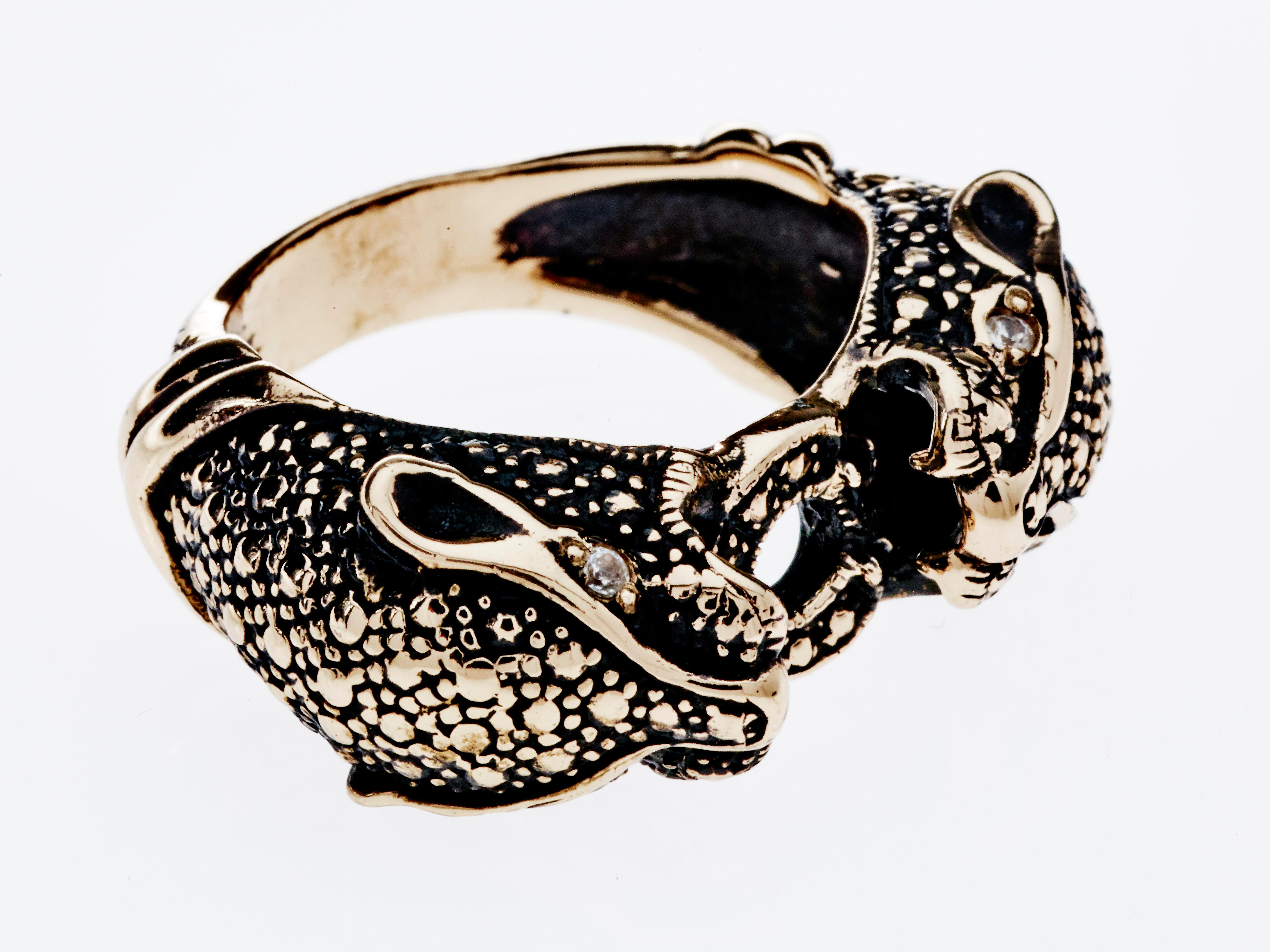 Contemporary Jaguar Ring Gold White Diamond Double Head Animal Jewelry J Dauphin For Sale