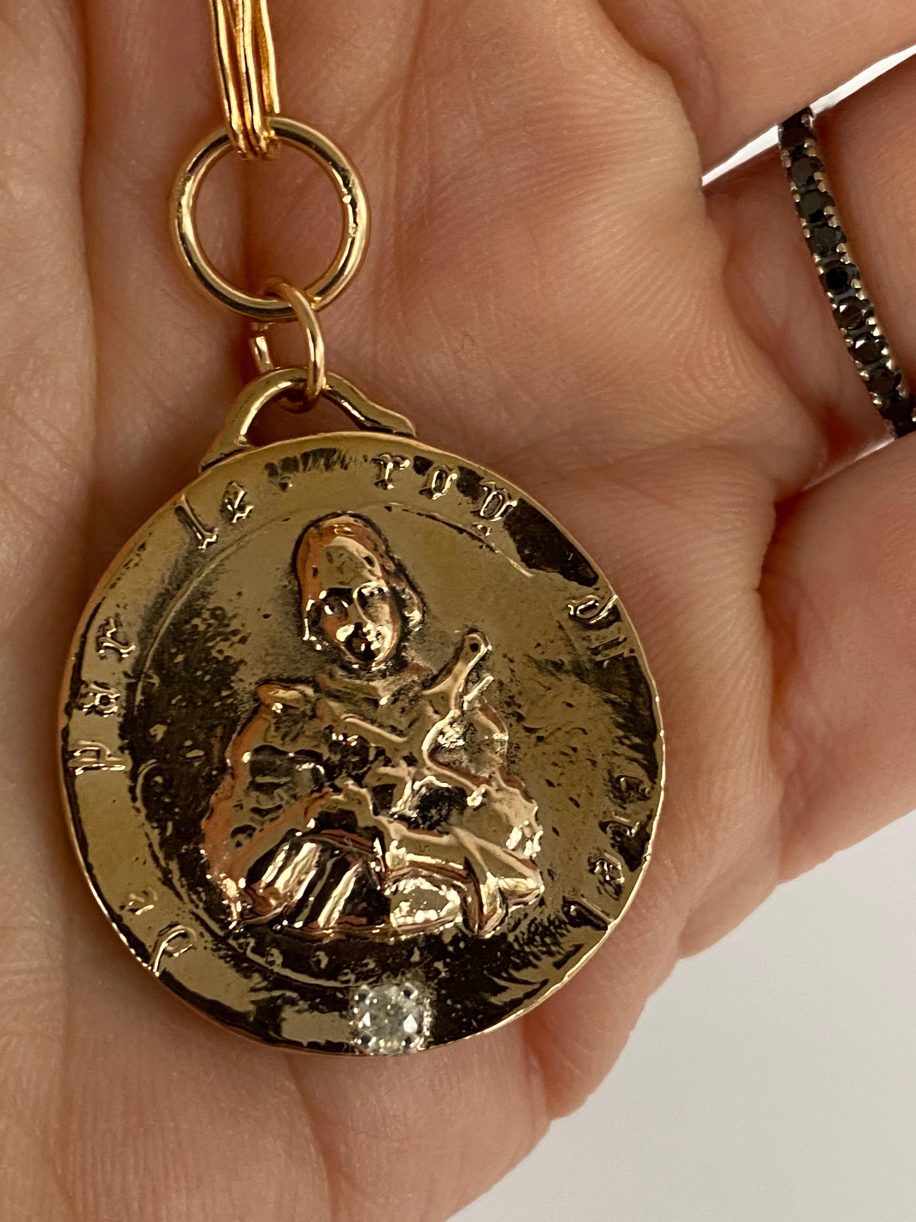 White Diamond Joan of Arc Medal Round Coin Pendant Chain Necklace by J Dauphin

Exclusive piece with Joan of Arc Medal Round Coin pendant in Bronze with a White Diamond and a gold filled Chain. Necklace is 24