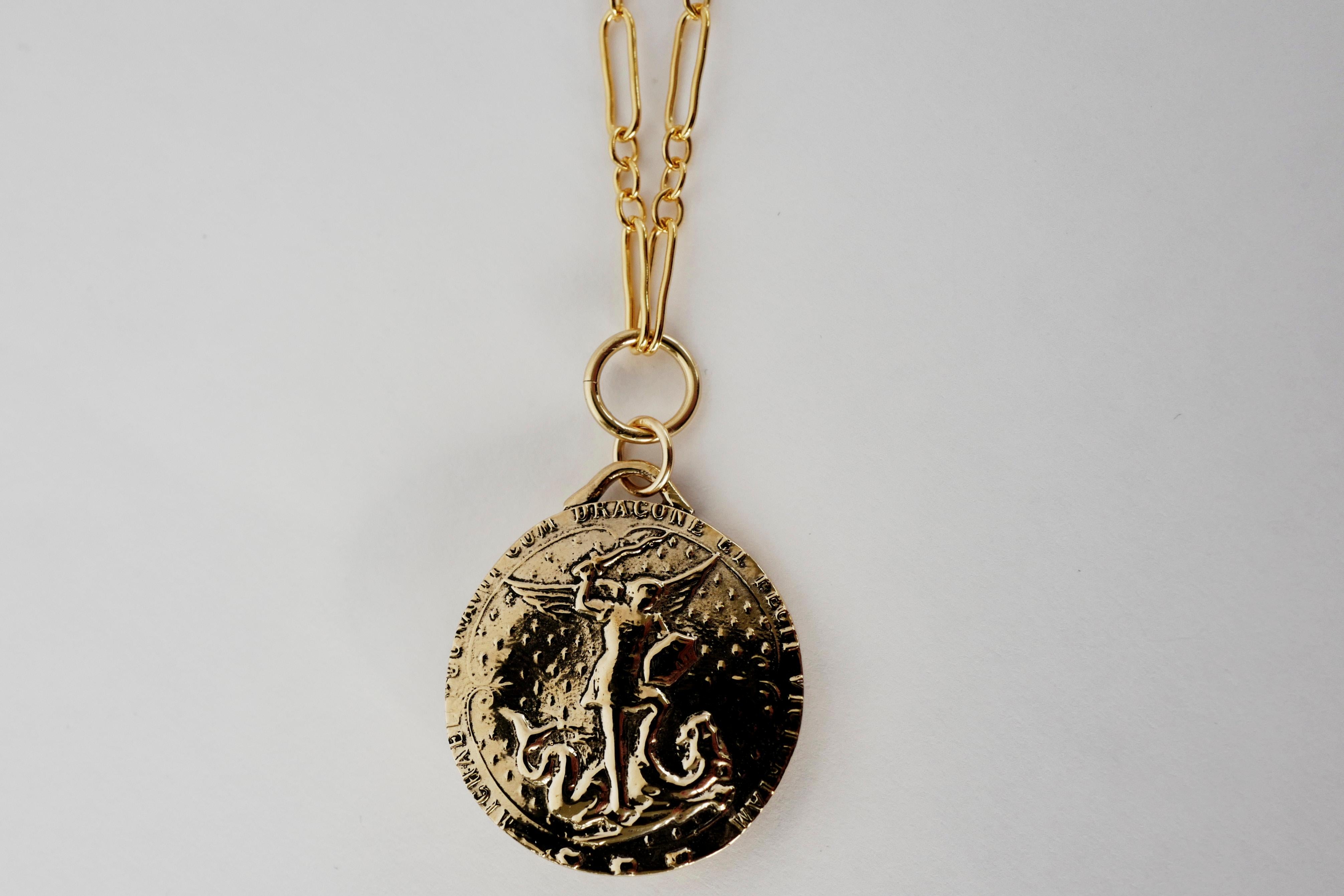 Contemporary White Diamond Joan of Arc Medal Round Coin Pendant Chain Necklace by J Dauphin For Sale