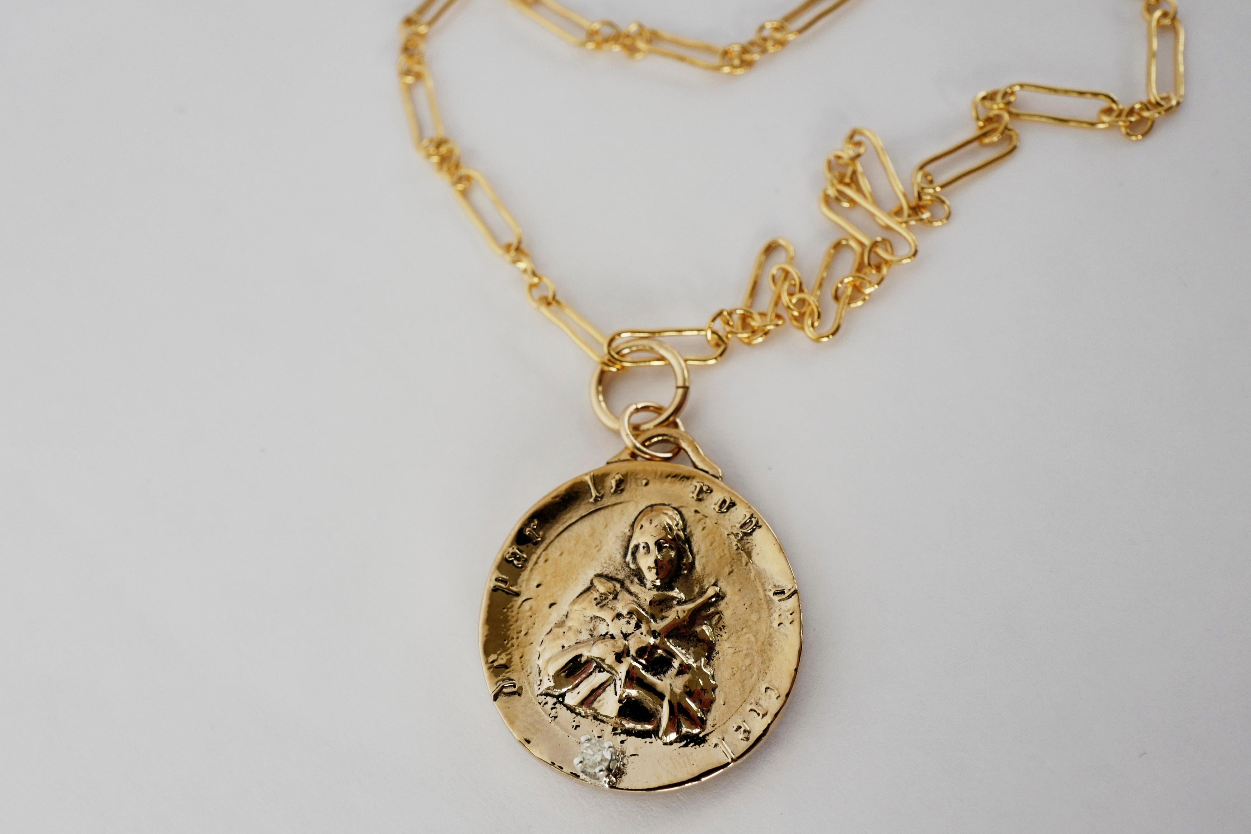 Brilliant Cut White Diamond Joan of Arc Medal Pendant Chain Necklace For Sale