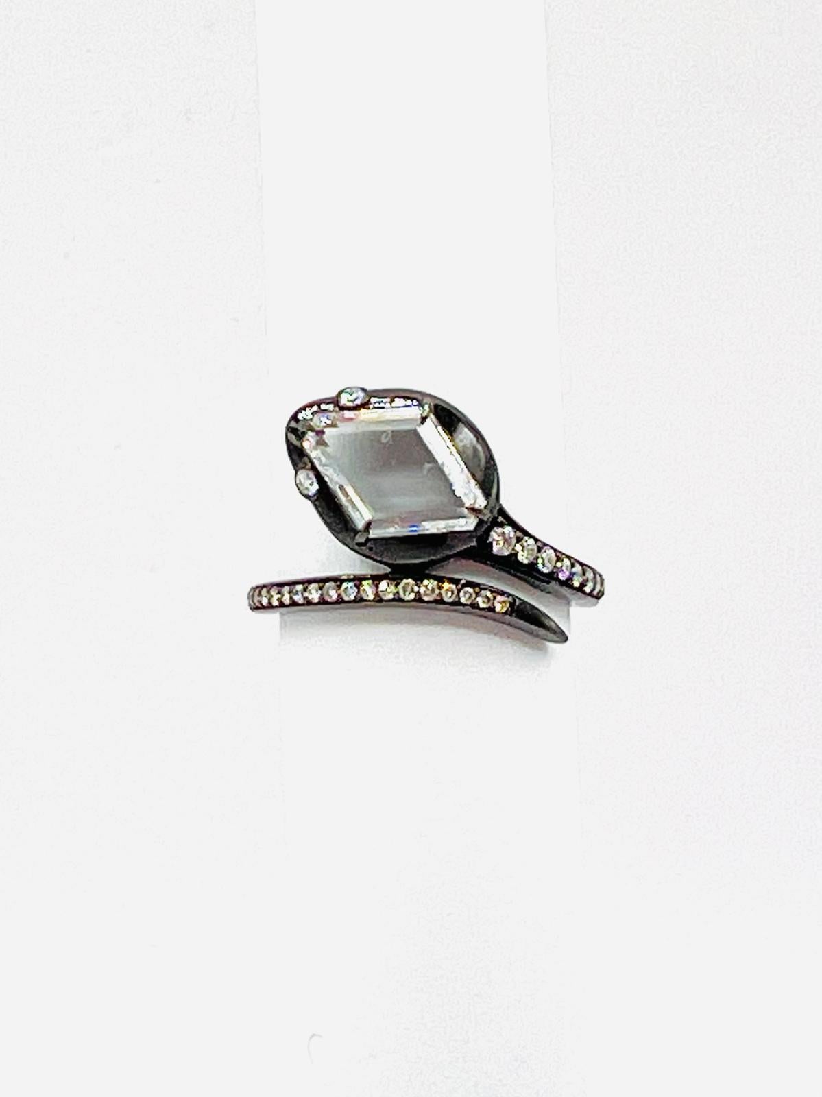 Women's or Men's White Diamond Kite Shape Serpent Ring in 18K Gold & Black Rhodium For Sale