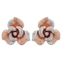 White Diamond Lilly Flower 18K White & Rose Gold Brushed Finish Earrings
