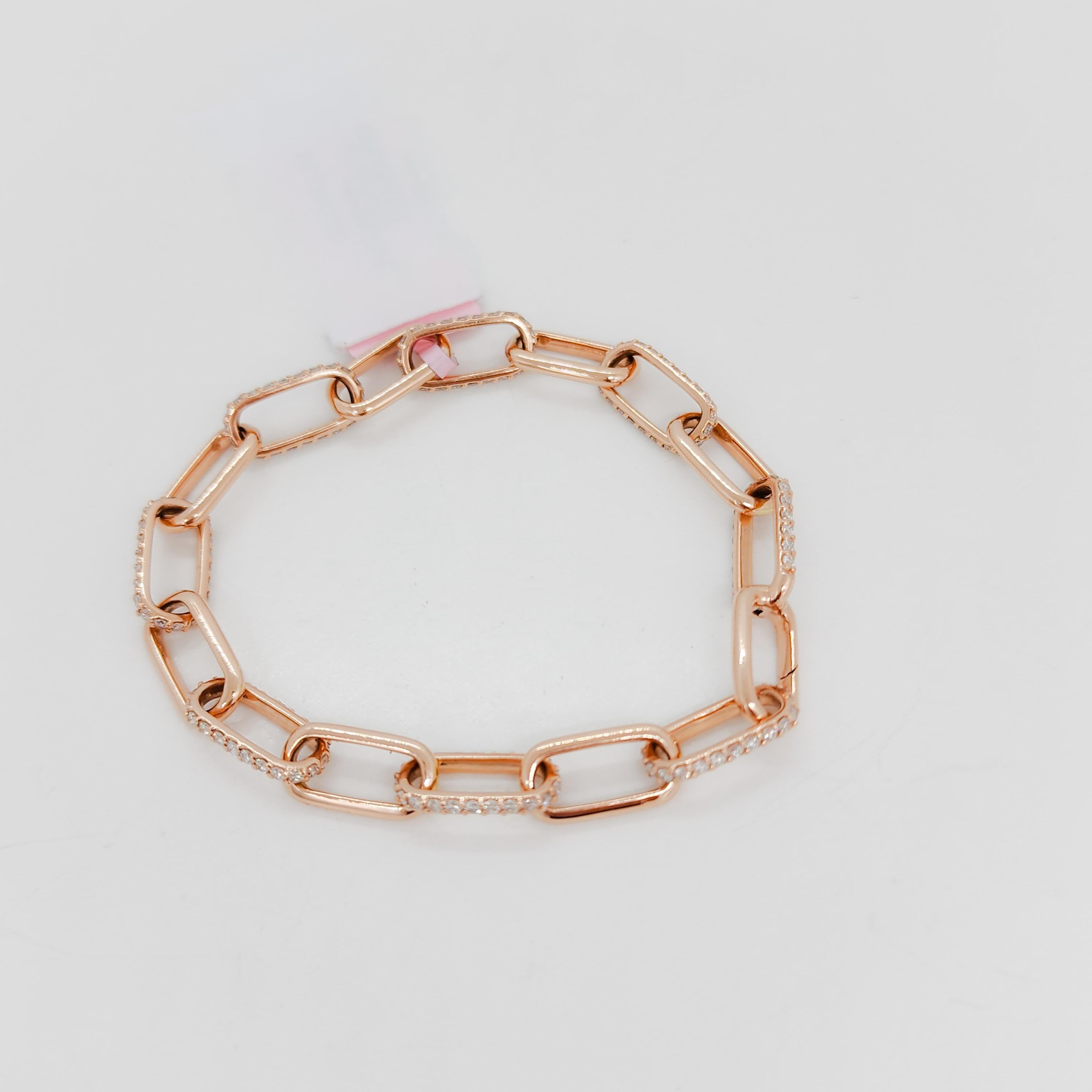 Gorgeous and fun 1.98 ct. good quality white diamond rounds in a handmade 14k rose gold chain link bracelet.  Length is 7