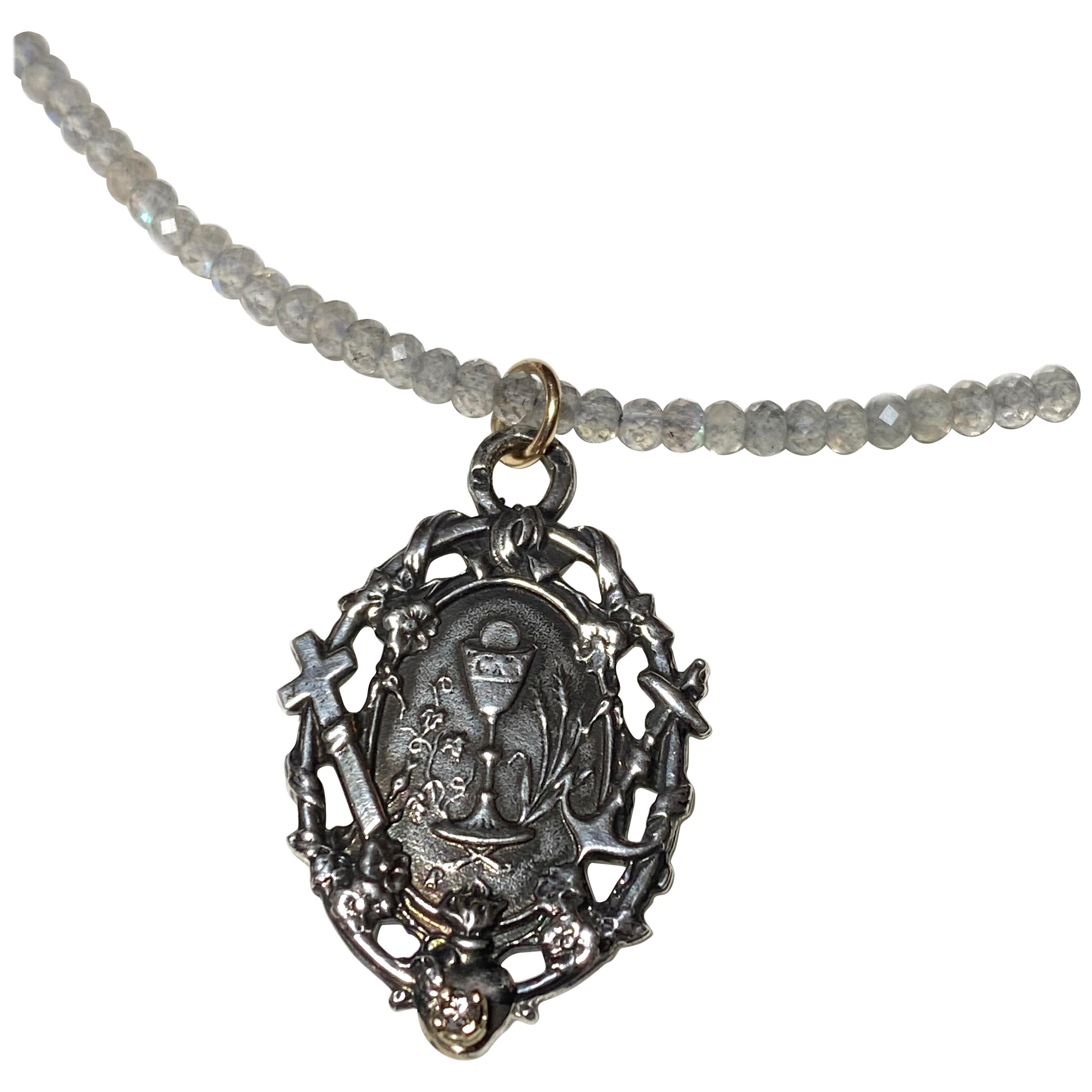 White Diamond Medal Faith Hope Love Sterling Silver Labradorite Bead Necklace