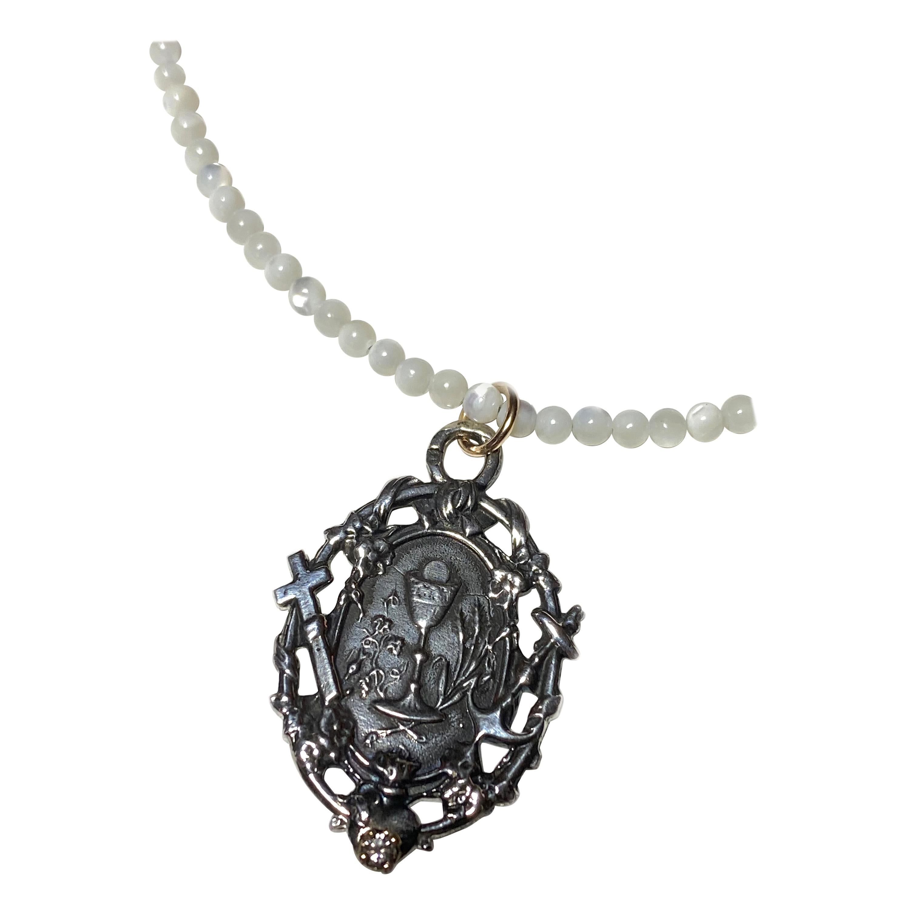 White Diamond Love Faith Hope Medal Silver Bead Necklace J Dauphin For Sale