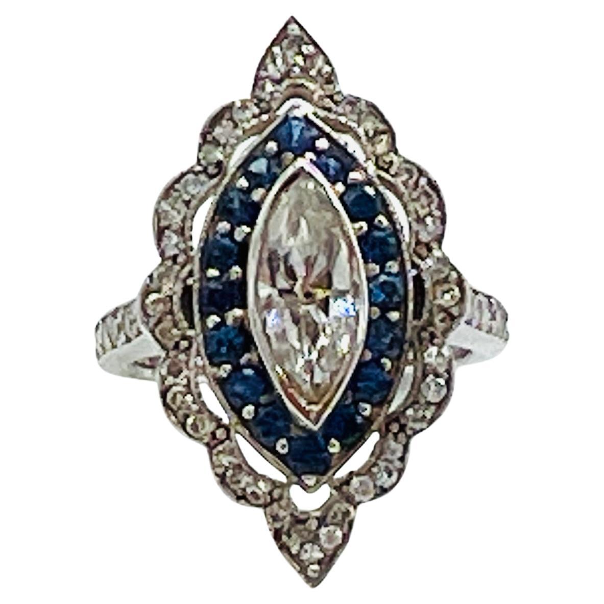 White Diamond Marquise and Blue Sapphire Art Deco Ring in 14K White Gold