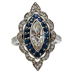 White Diamond Marquise and Blue Sapphire Art Deco Ring in 14K White Gold