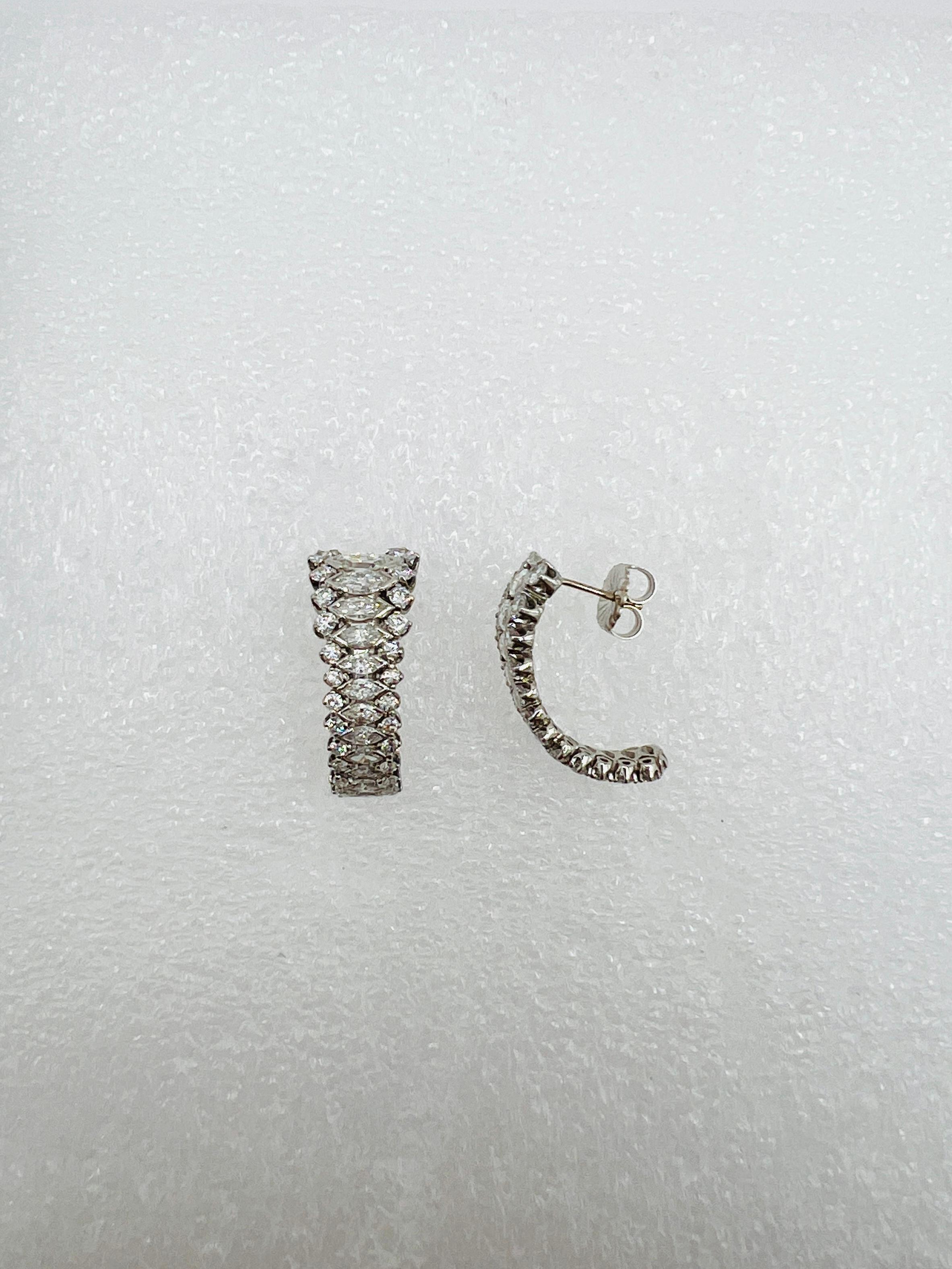 Women's or Men's White Diamond Marquise and Round 3 Row Half Hoop Earrings in Platinum For Sale