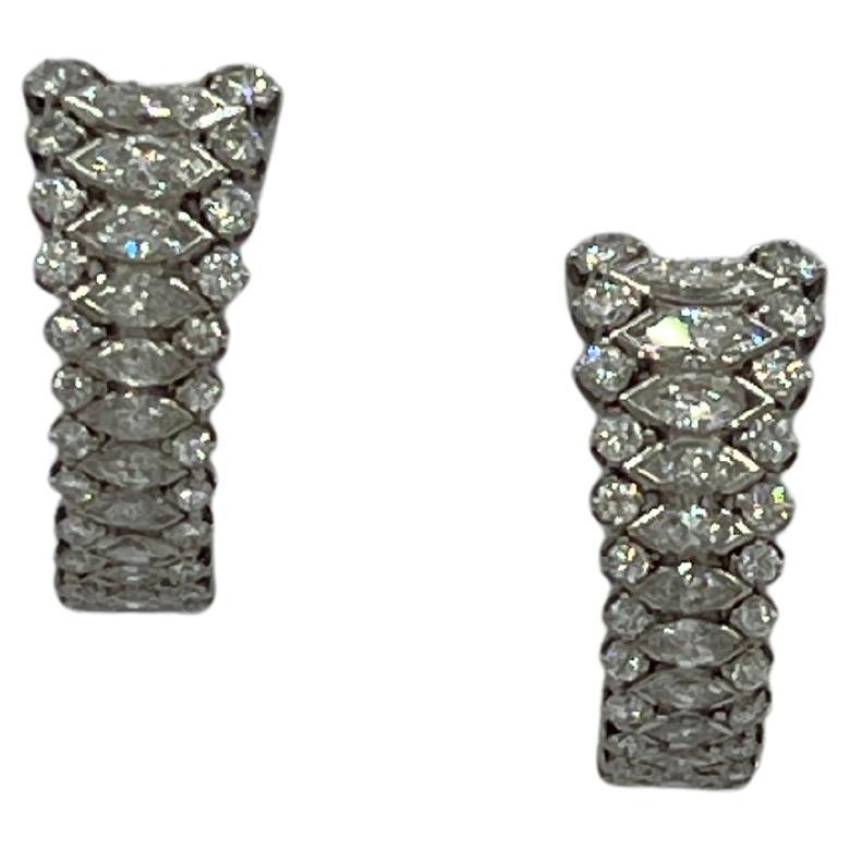 White Diamond Marquise and Round 3 Row Half Hoop Earrings in Platinum For Sale
