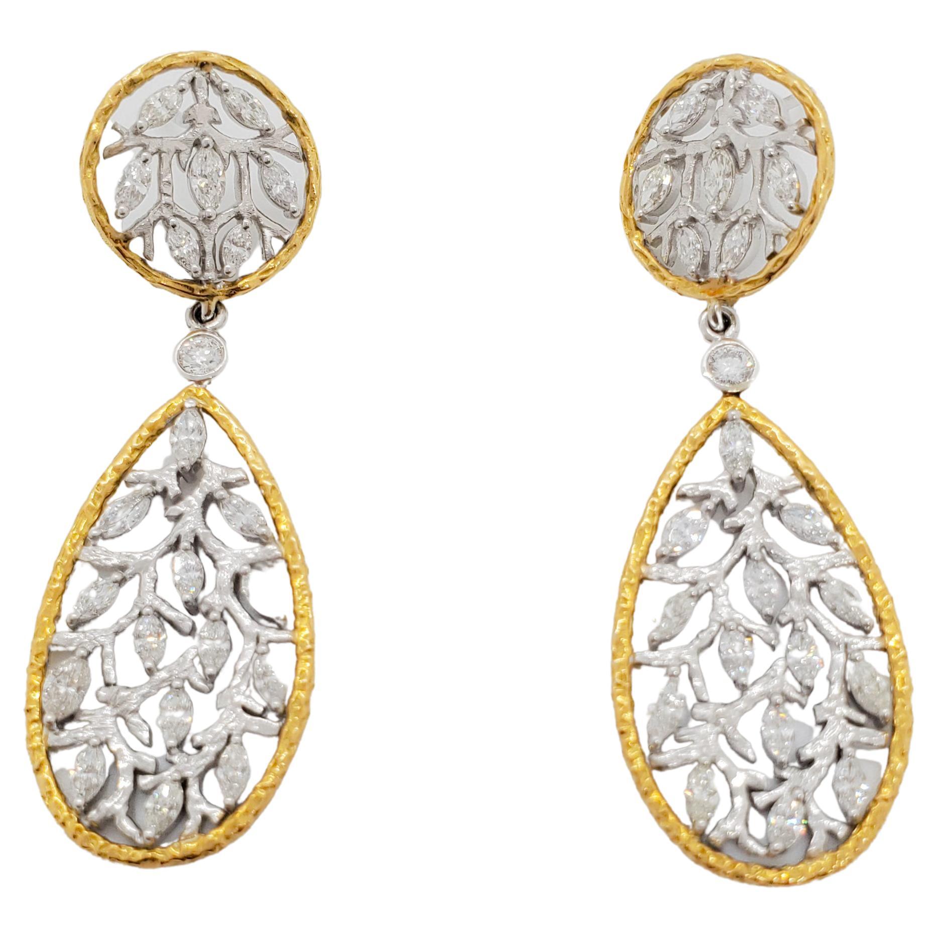Estate Two Tone Diamond Round Dangle Earrings in 18k Gold For Sale at ...