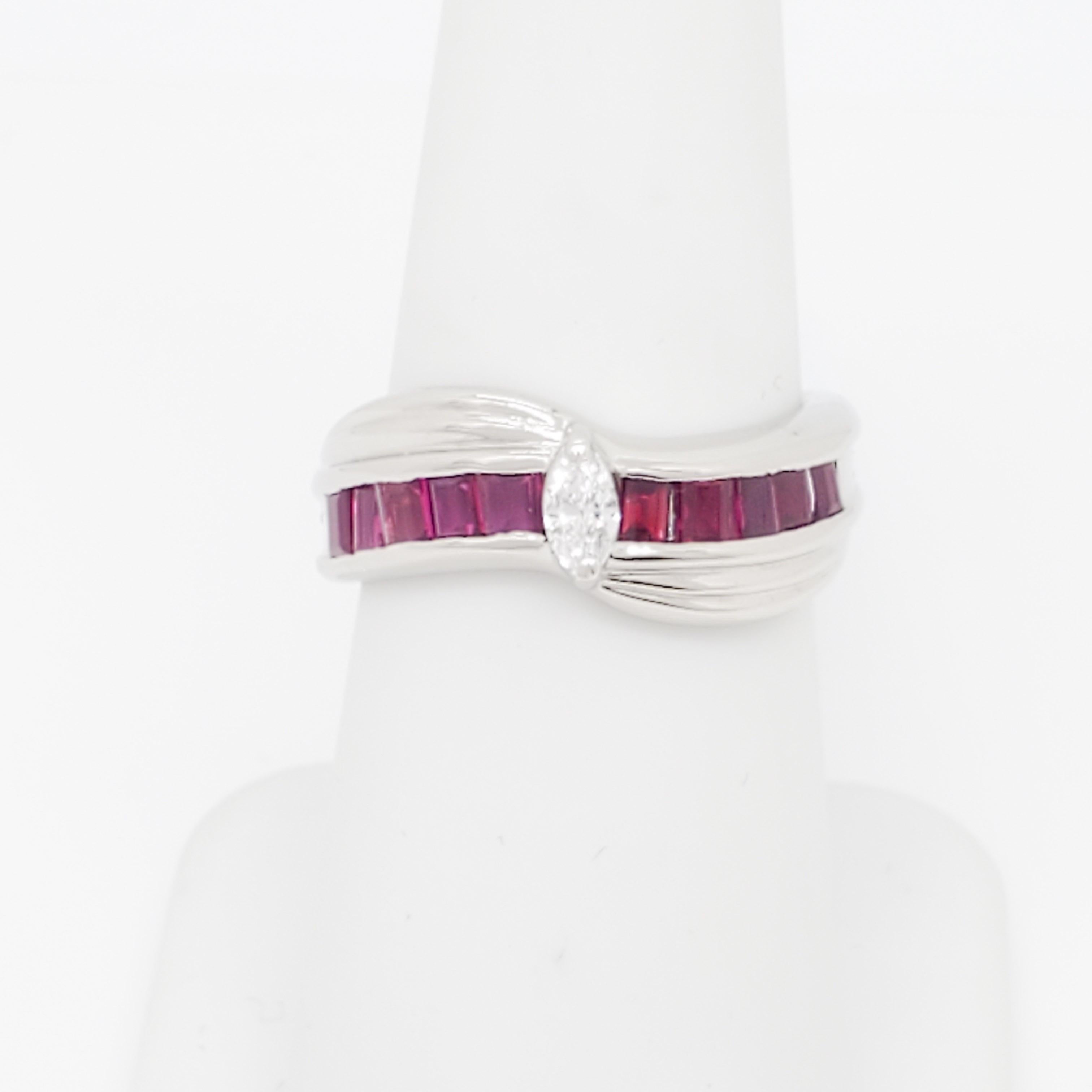 White Diamond Marquise and Ruby Baguette Ring in Platinum In New Condition For Sale In Los Angeles, CA
