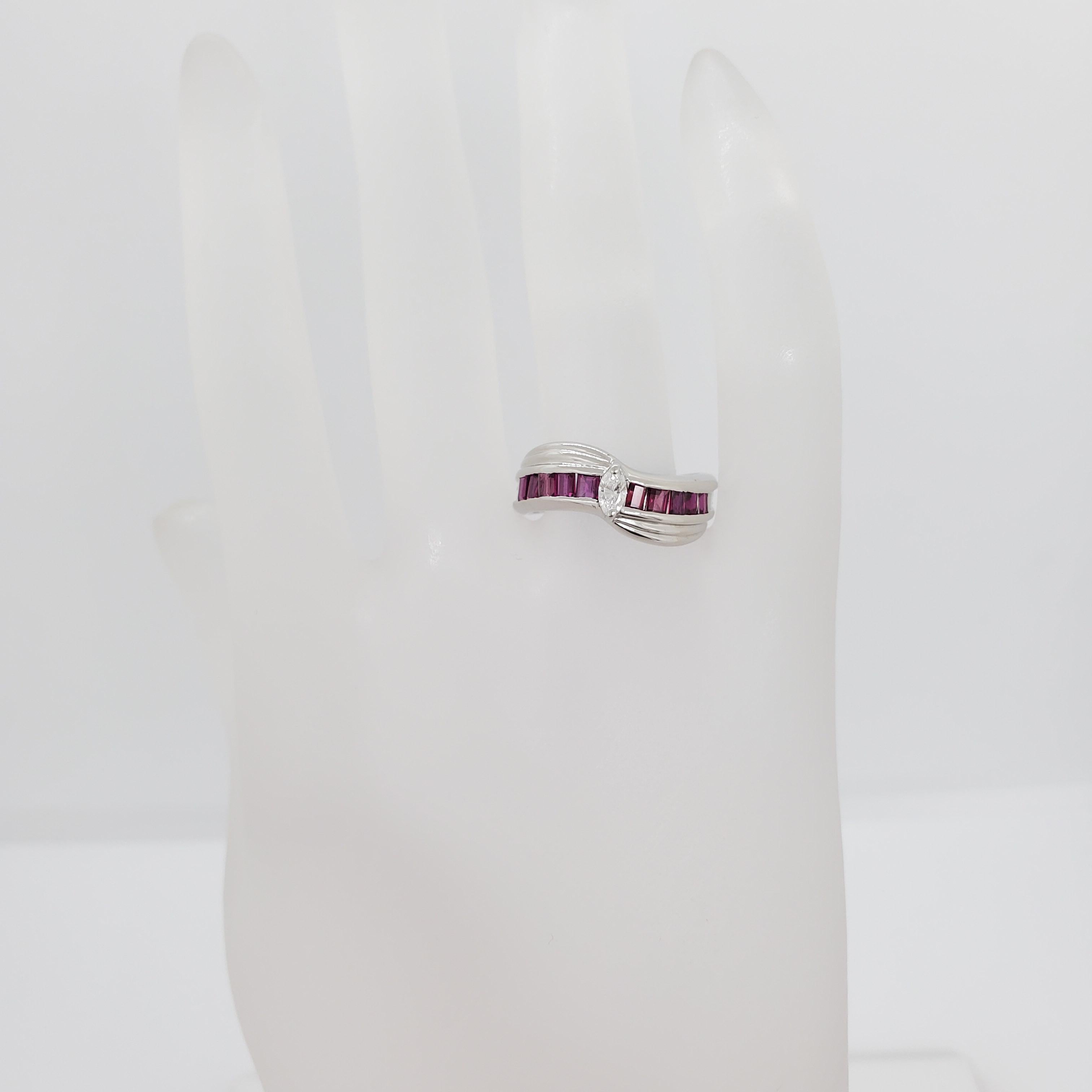 Women's or Men's White Diamond Marquise and Ruby Baguette Ring in Platinum For Sale