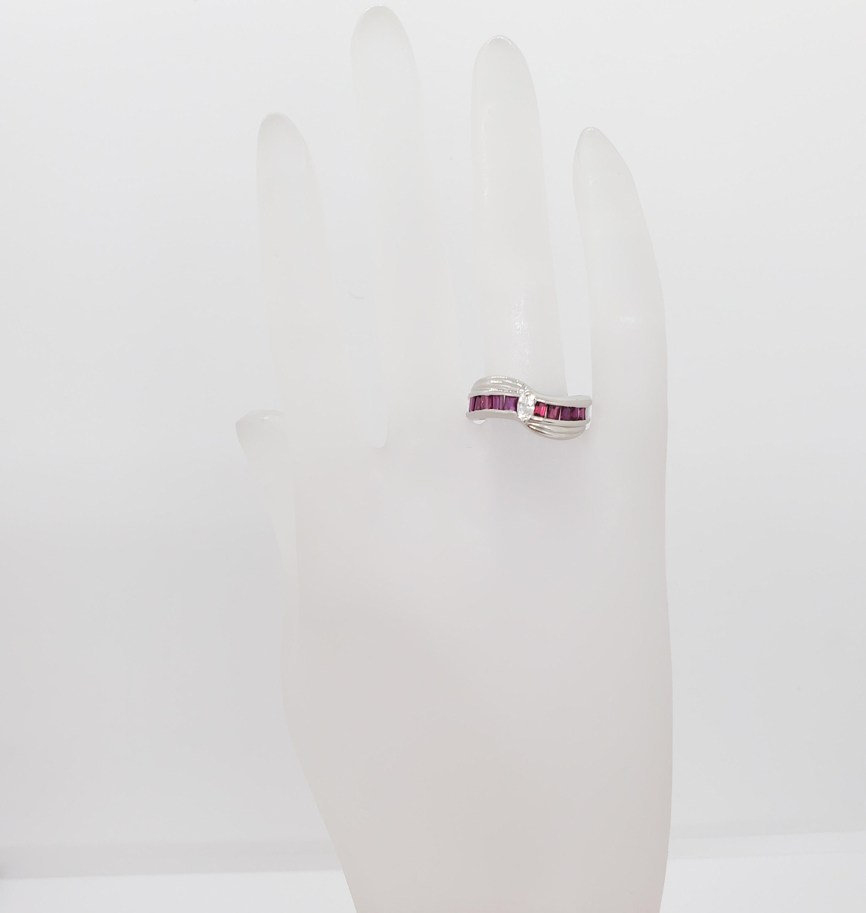 White Diamond Marquise and Ruby Baguette Ring in Platinum For Sale 1
