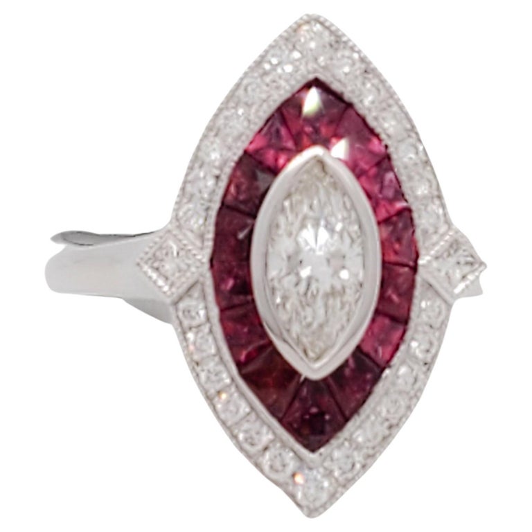 White Diamond Marquise and Ruby Cocktail Ring in 14k White Gold For ...