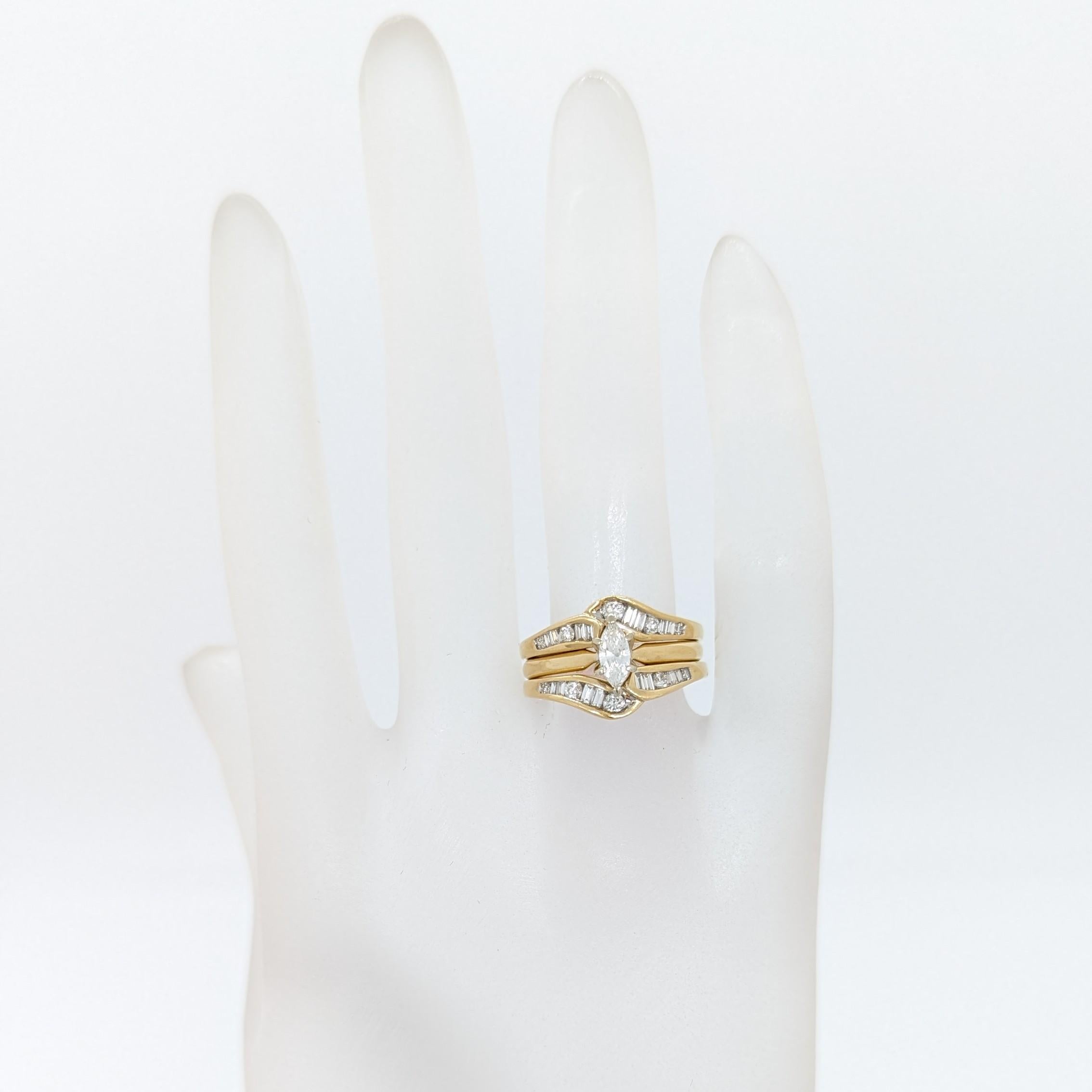 Marquise Cut White Diamond Marquise, Baguette, and Round Design Ring in 14K Yellow Gold For Sale