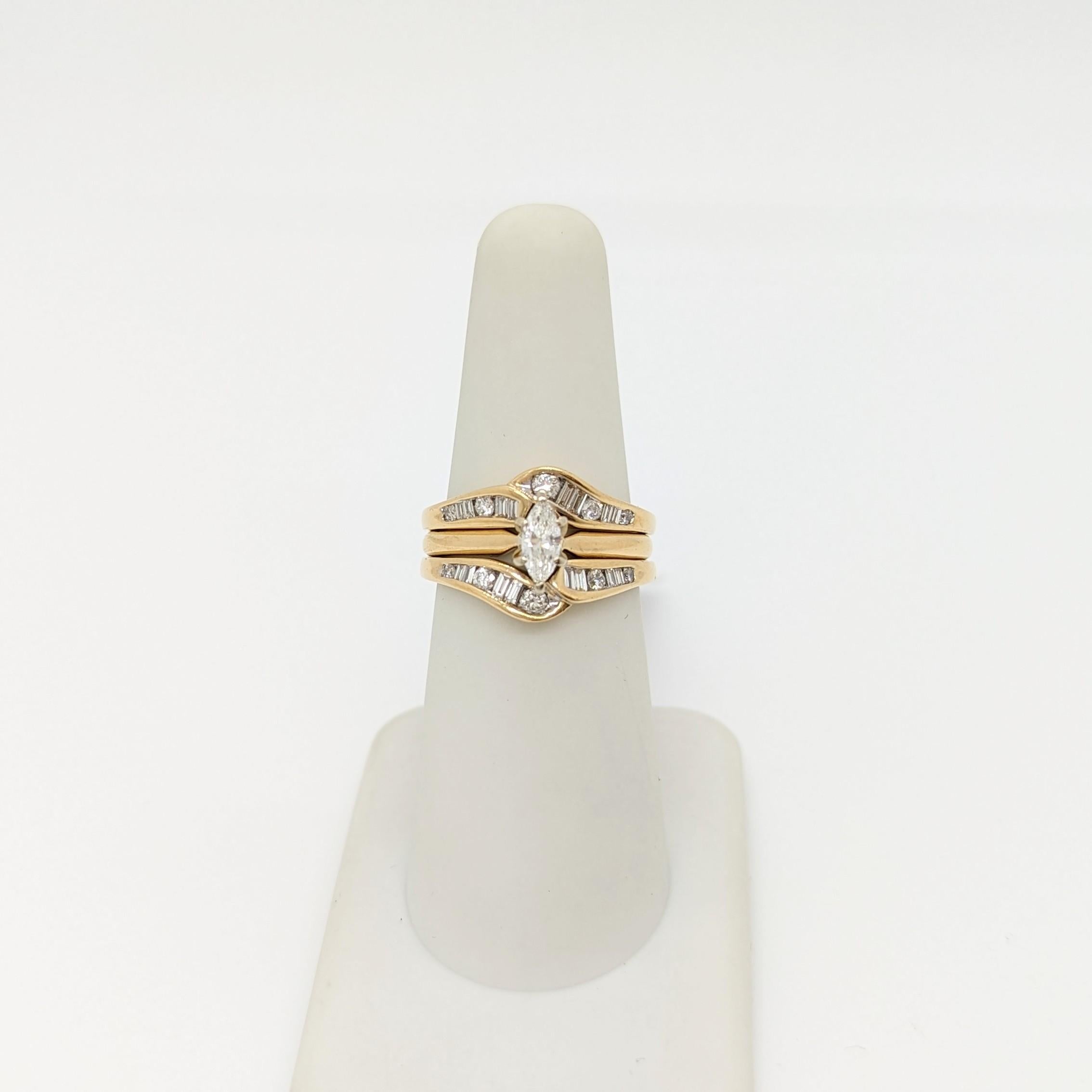 White Diamond Marquise, Baguette, and Round Design Ring in 14K Yellow Gold In New Condition For Sale In Los Angeles, CA