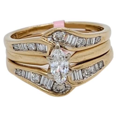 White Diamond Marquise, Baguette, and Round Design Ring in 14K Yellow Gold For Sale
