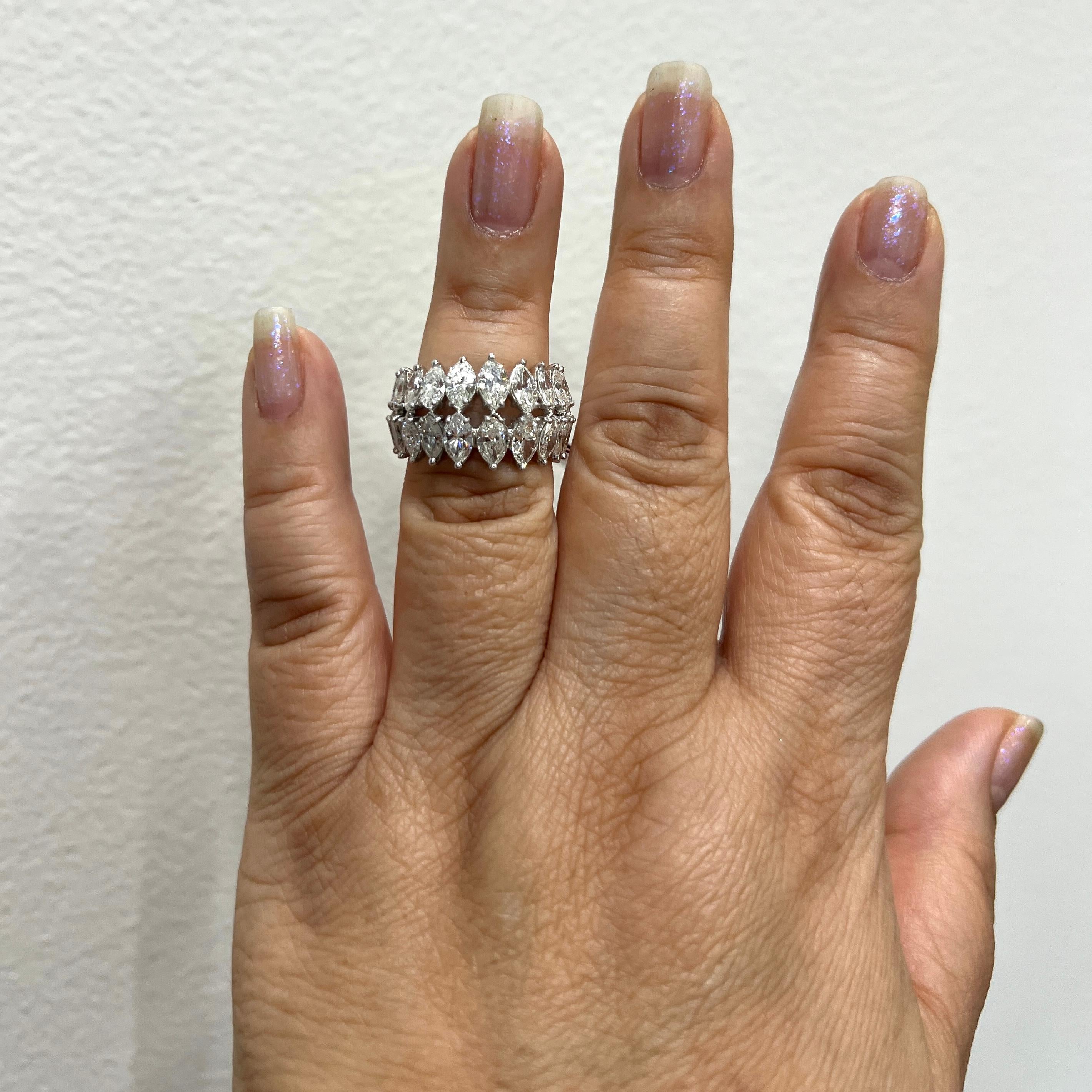 Gorgeous 10.00 ct. white diamond marquise double row band.  Handmade in platinum.  Ring size 6.75.
