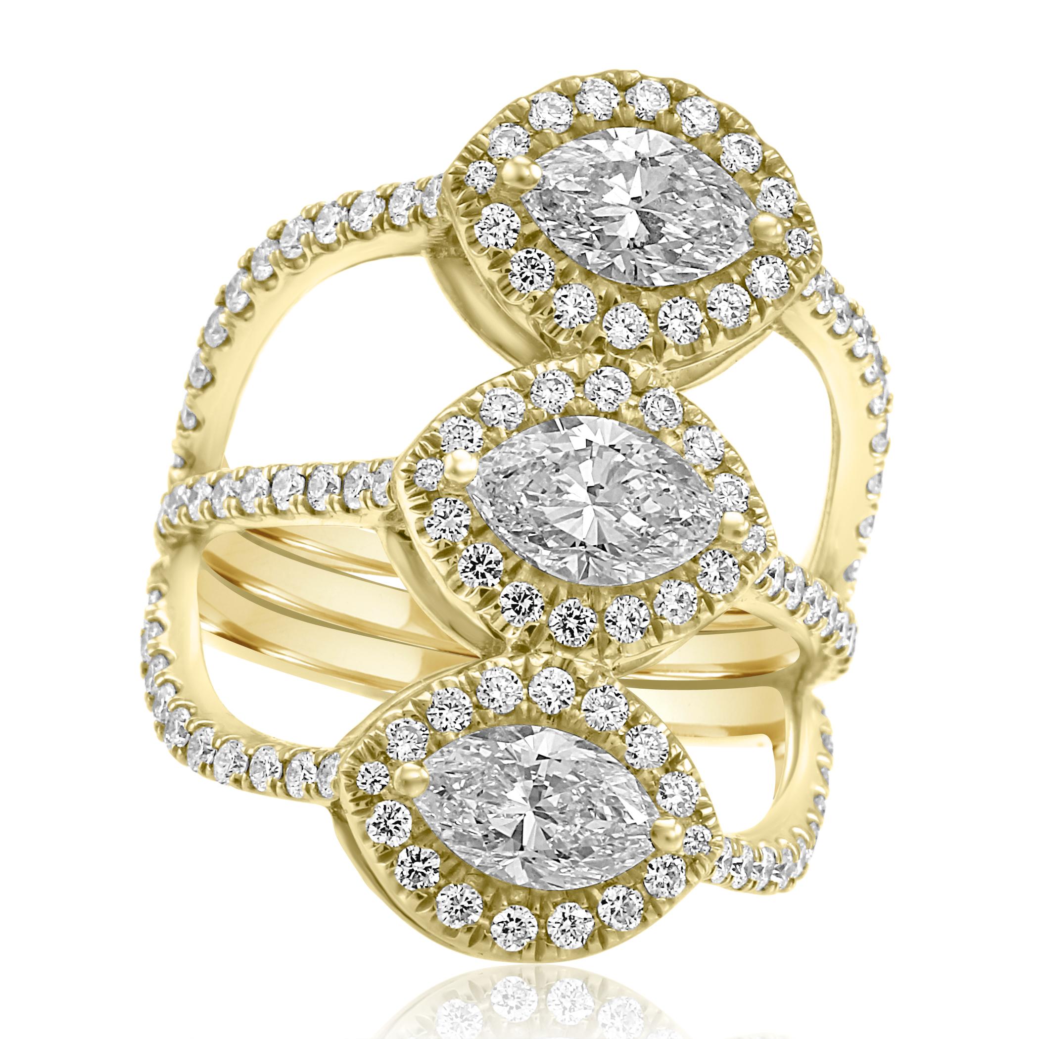 3 White G-H Color Marquise  VS-SI Clarity 1.80 Carat encircled in a Single Halo of White G-H color VS-SI Diamond Rounds 1.20 Carat set in Gorgeous Three Prong Shank Three Stone Cocktail Fashion 18K Yellow Gold Ring.

MADE IN USA
Total Diamond Weight