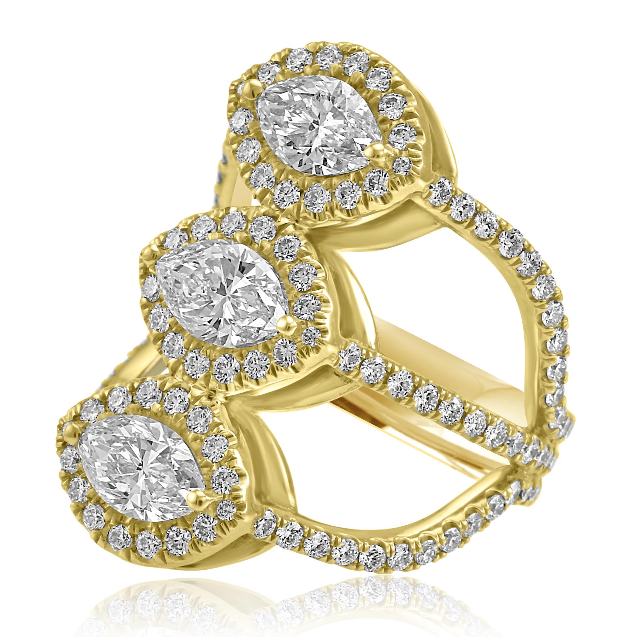 Contemporary White Diamond Marquise Round Halo Yellow Gold Three-Stone Cocktail Fashion Ring