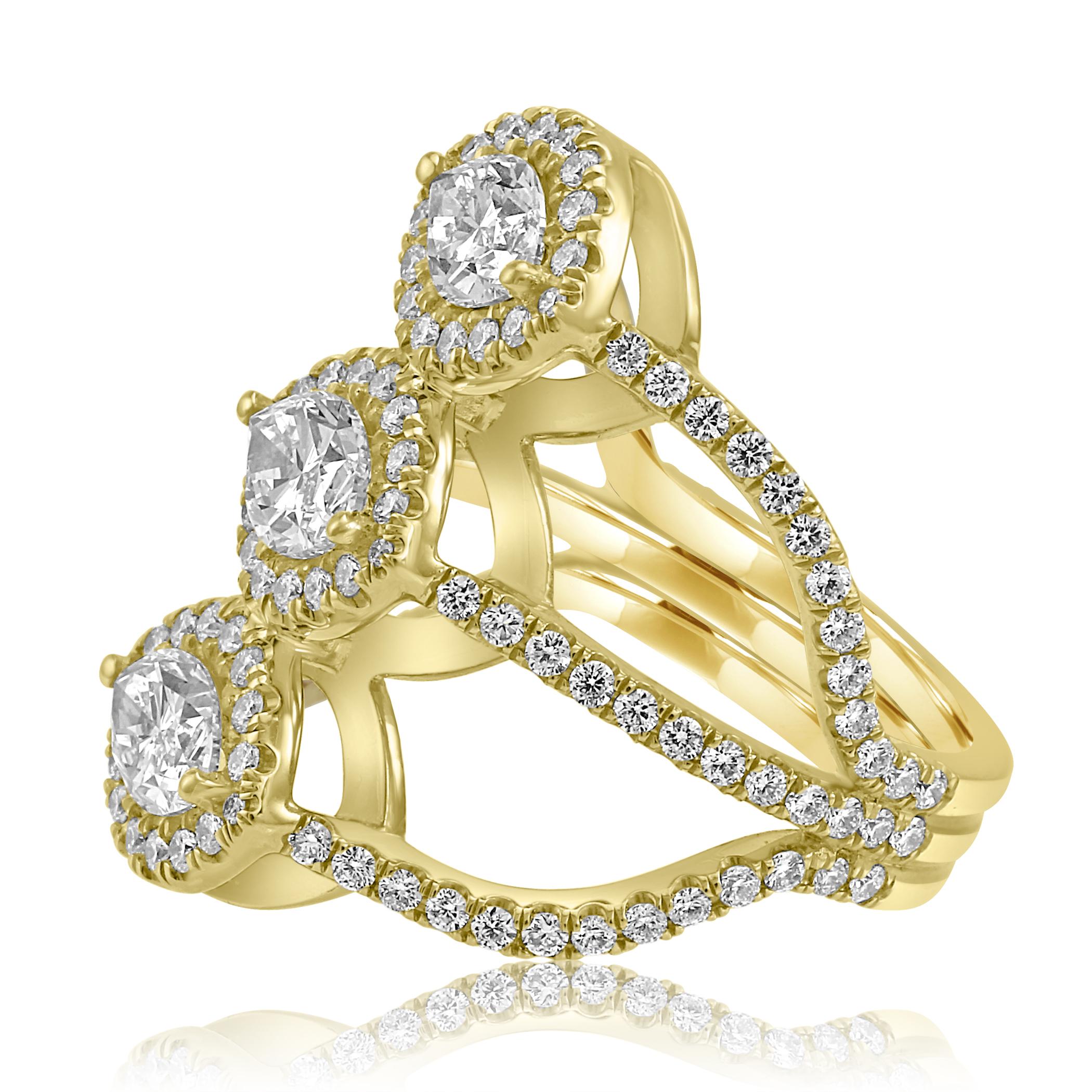 Marquise Cut White Diamond Marquise Round Halo Yellow Gold Three-Stone Cocktail Fashion Ring