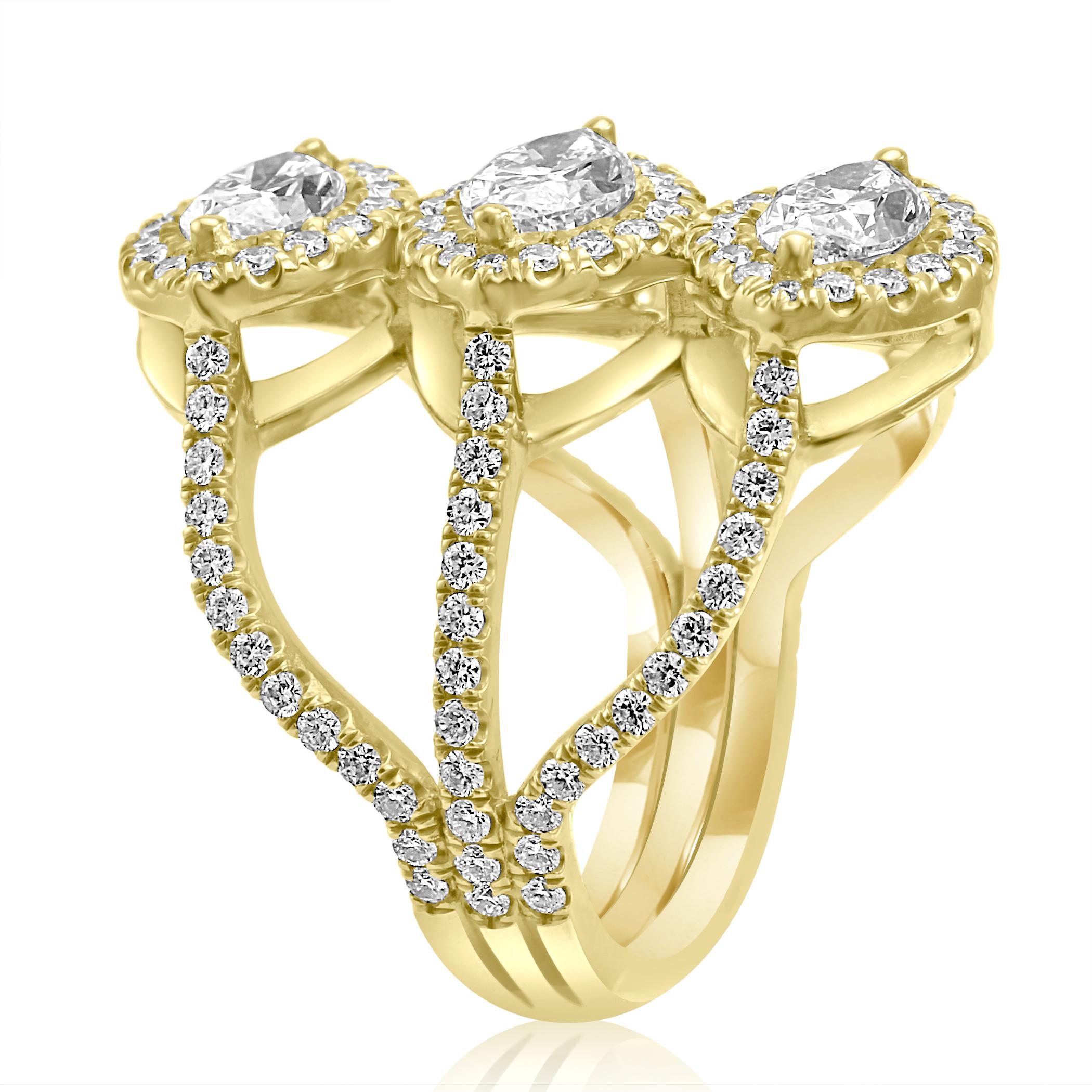 White Diamond Marquise Round Halo Yellow Gold Three-Stone Cocktail Fashion Ring In New Condition In NEW YORK, NY