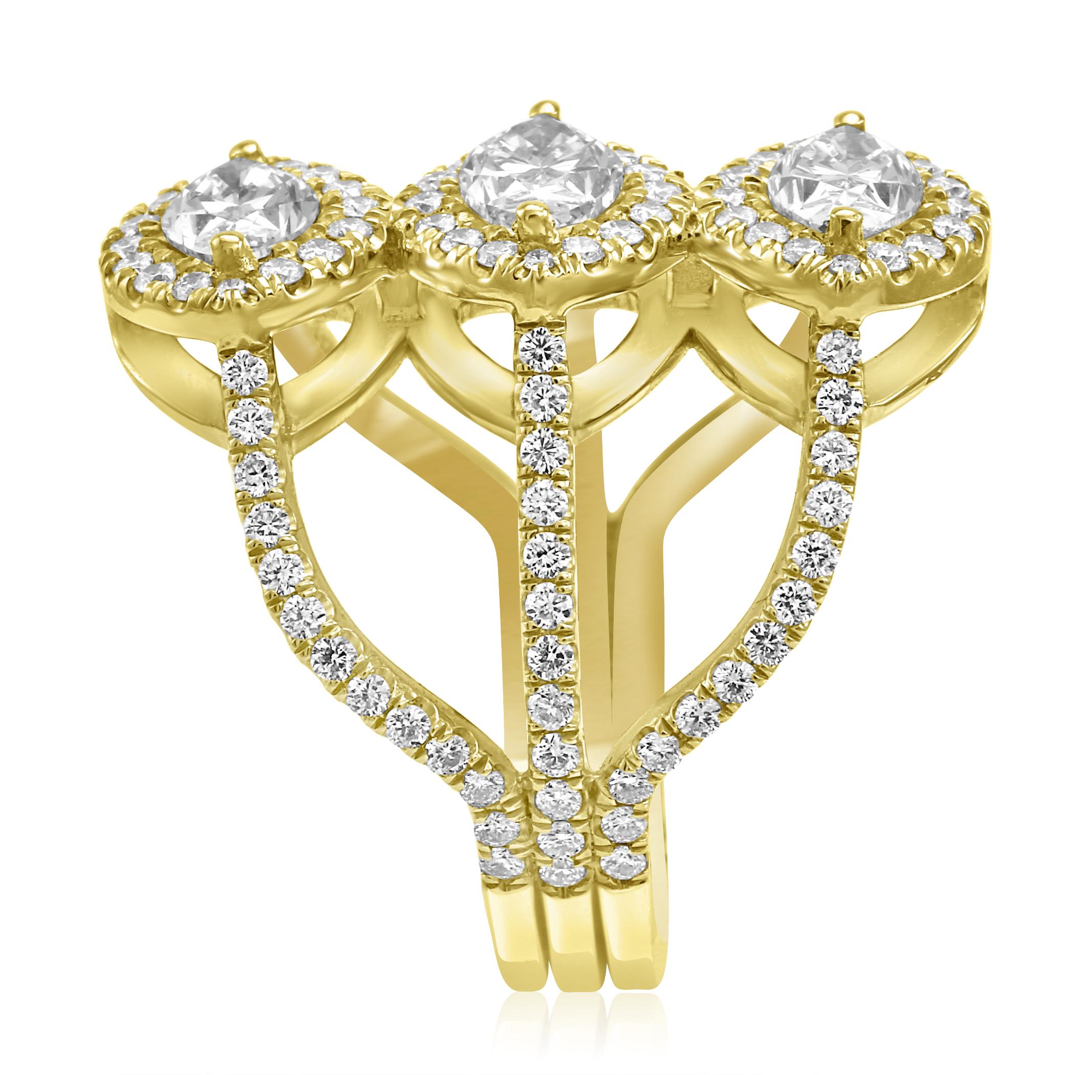 Women's or Men's White Diamond Marquise Round Halo Yellow Gold Three-Stone Cocktail Fashion Ring