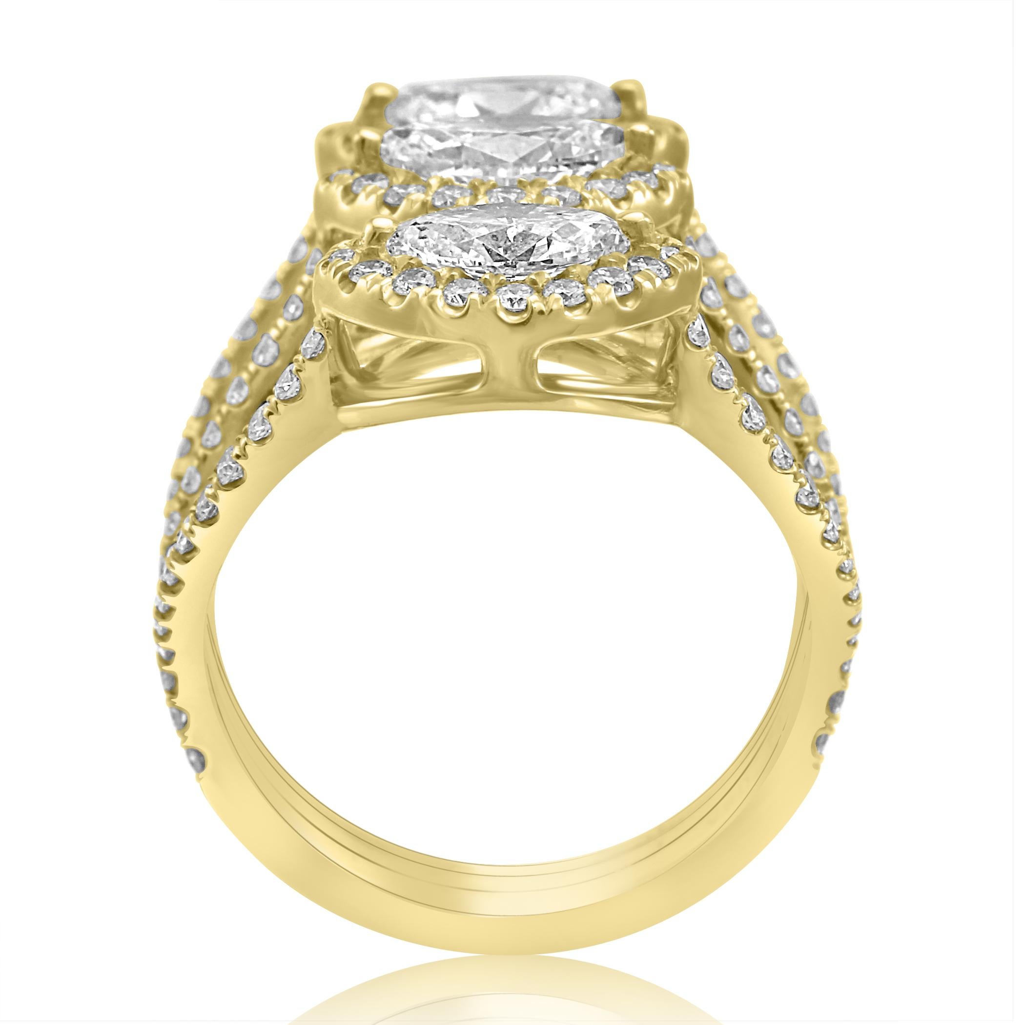 White Diamond Marquise Round Halo Yellow Gold Three-Stone Cocktail Fashion Ring 1