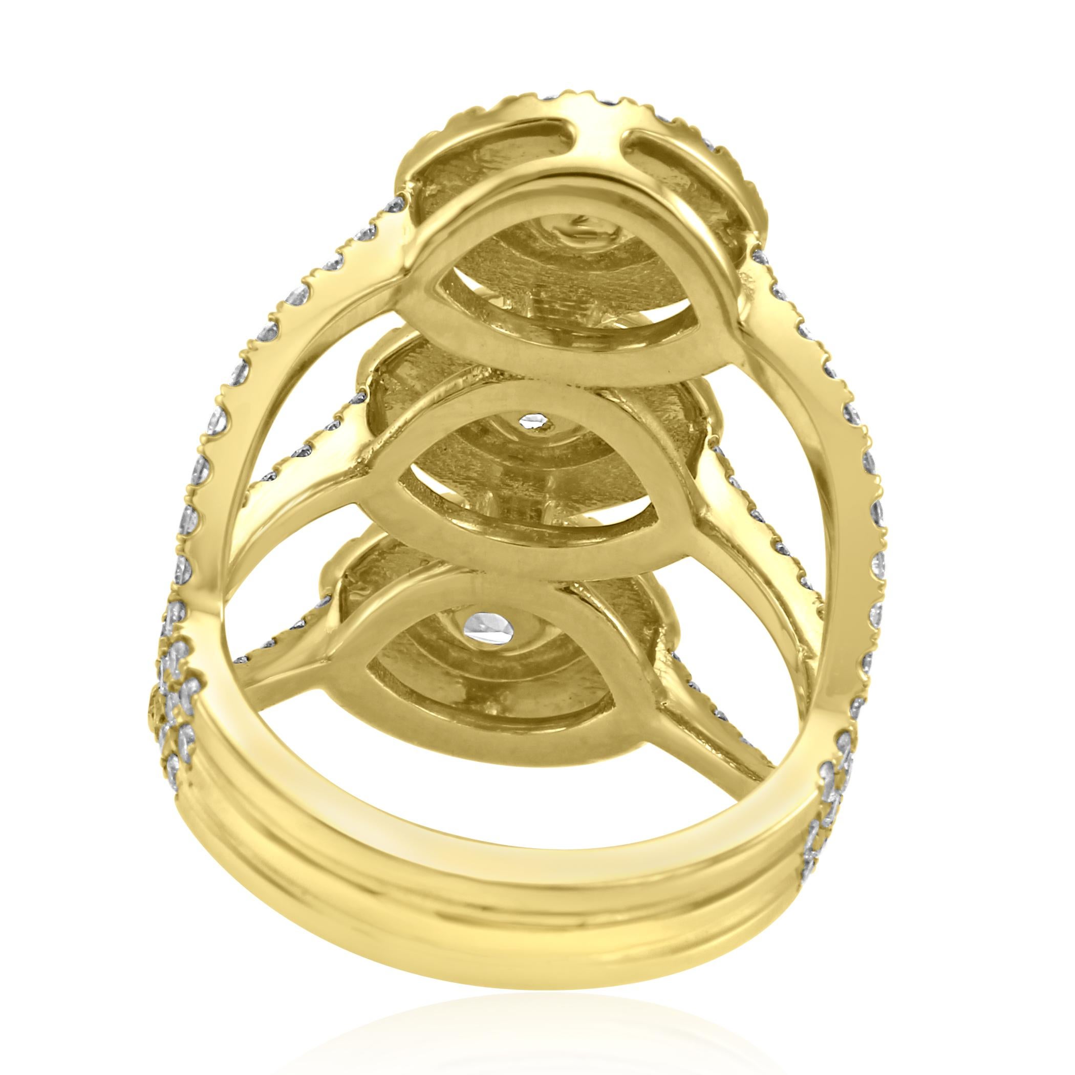 White Diamond Marquise Round Halo Yellow Gold Three-Stone Cocktail Fashion Ring 2