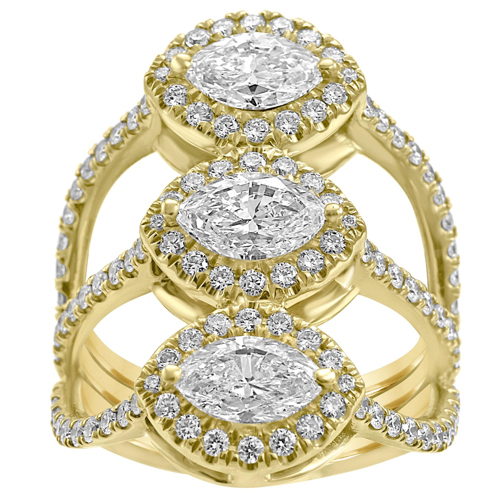 White Diamond Marquise Round Halo Yellow Gold Three-Stone Cocktail Fashion Ring