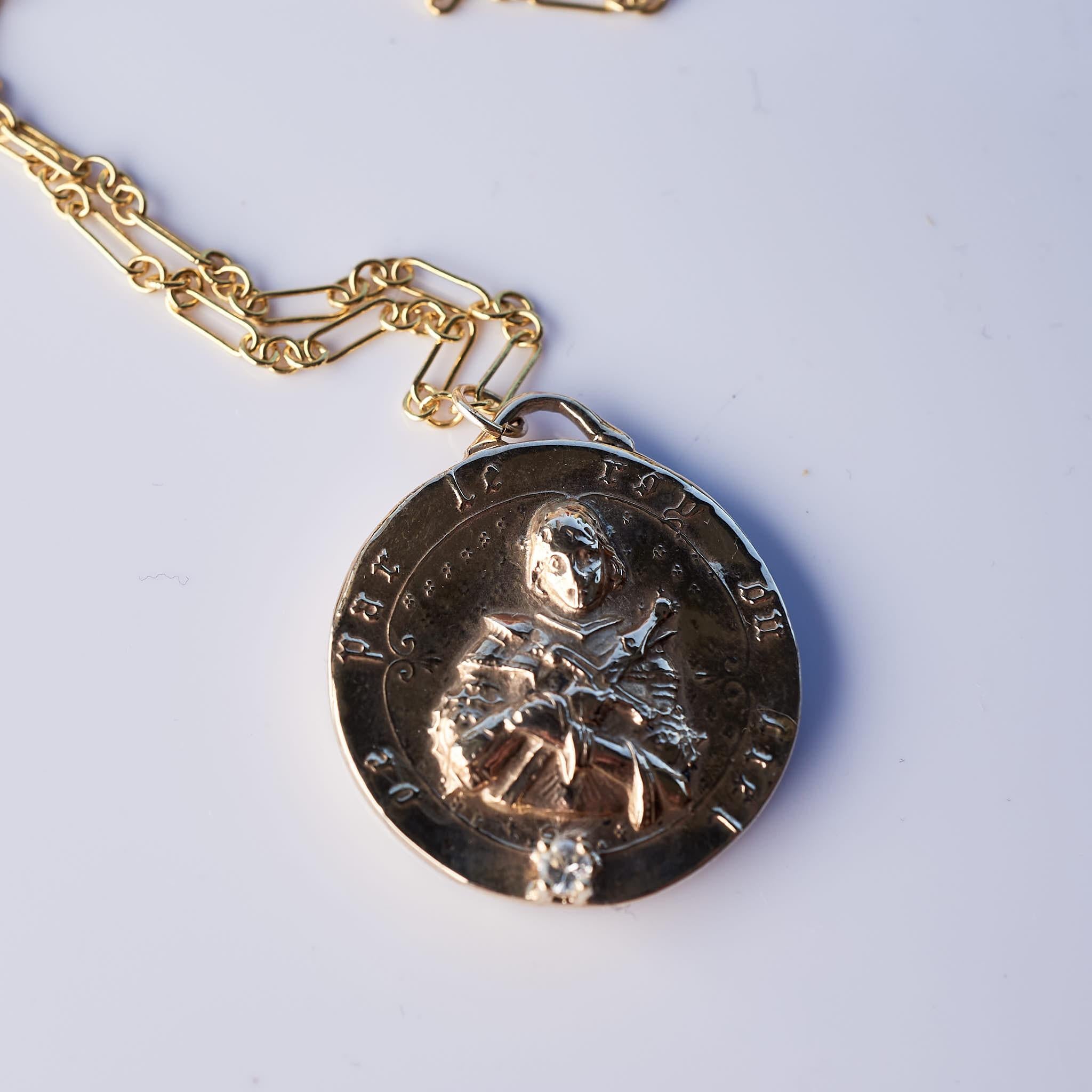 Victorian White Diamond Medal Coin Pendant Chain Necklace Joan of Arc J Dauphin For Sale