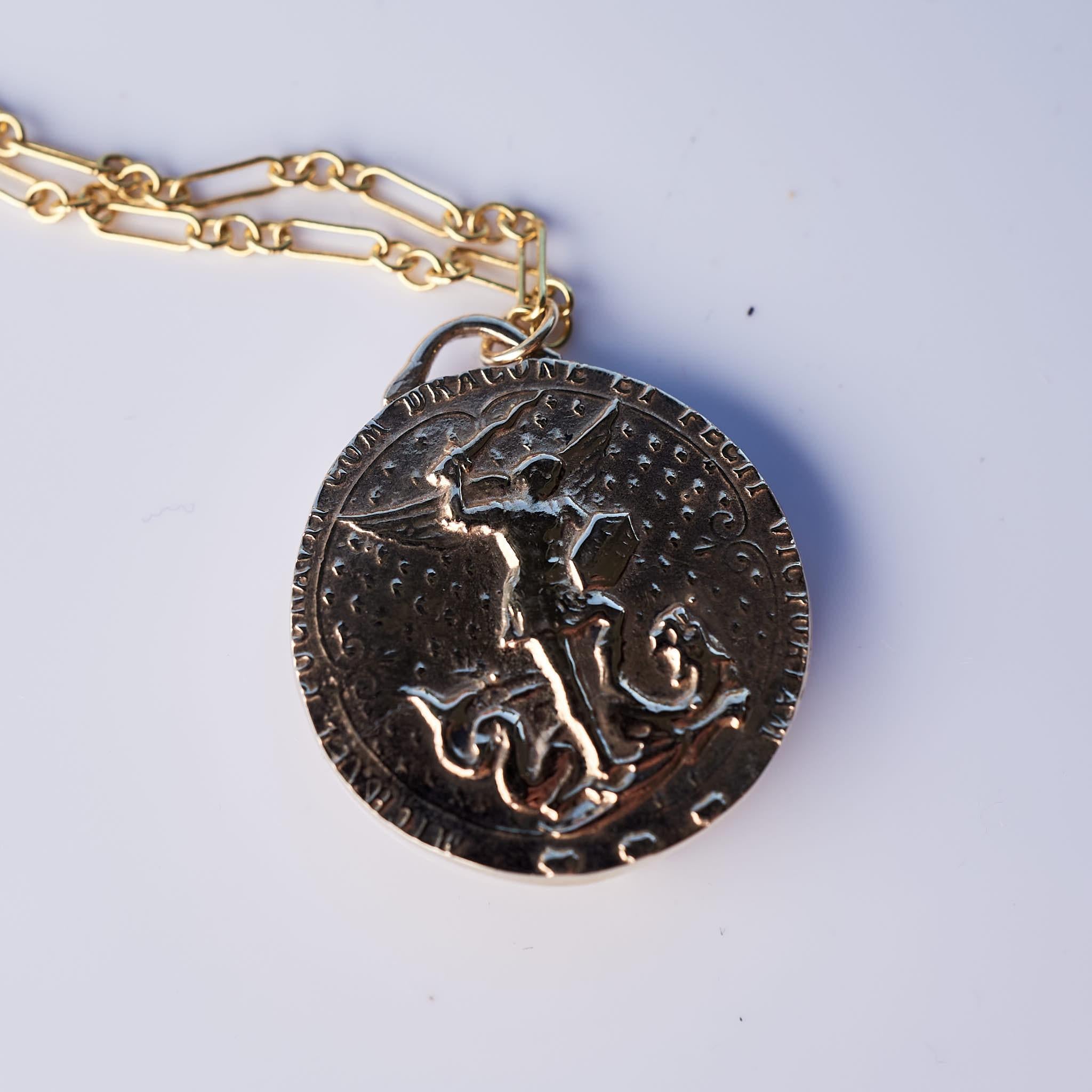 Brilliant Cut White Diamond Medal Coin Pendant Chain Necklace Joan of Arc J Dauphin For Sale