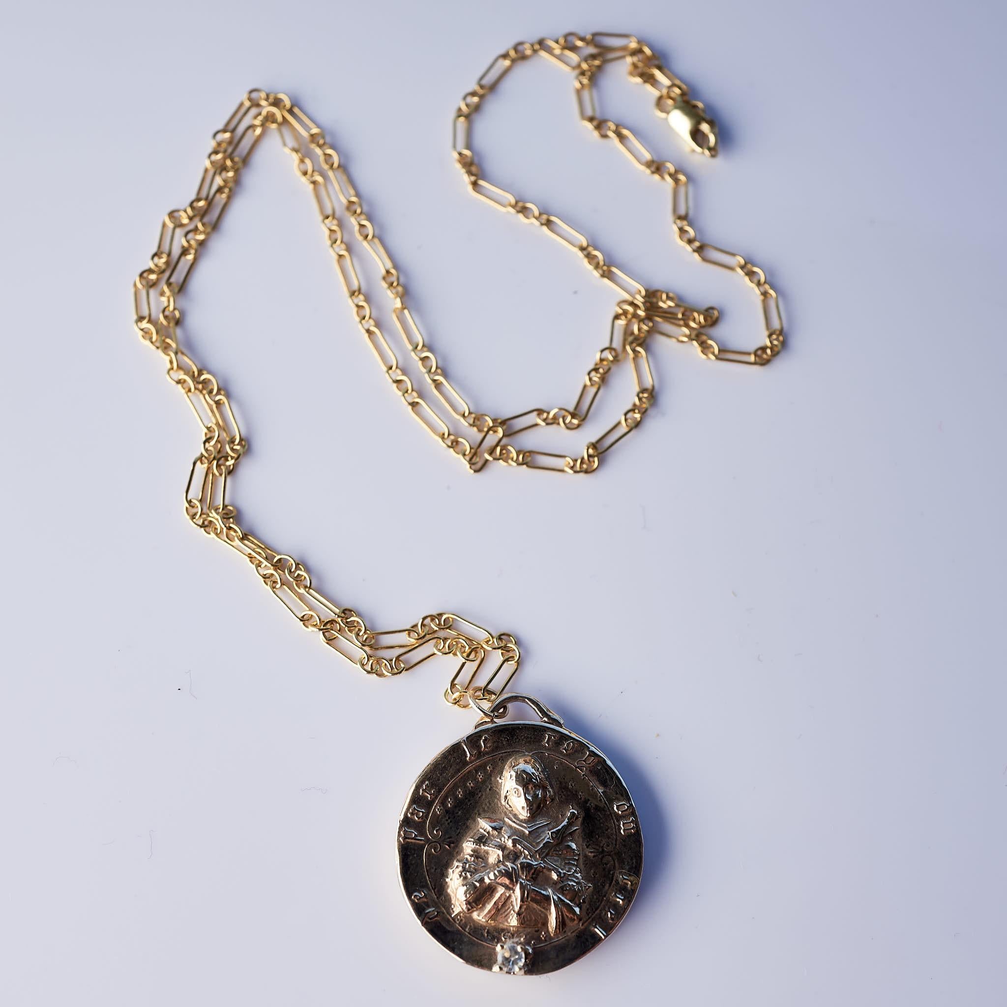 White Diamond Medal Coin Pendant Chain Necklace Joan of Arc J Dauphin In New Condition For Sale In Los Angeles, CA