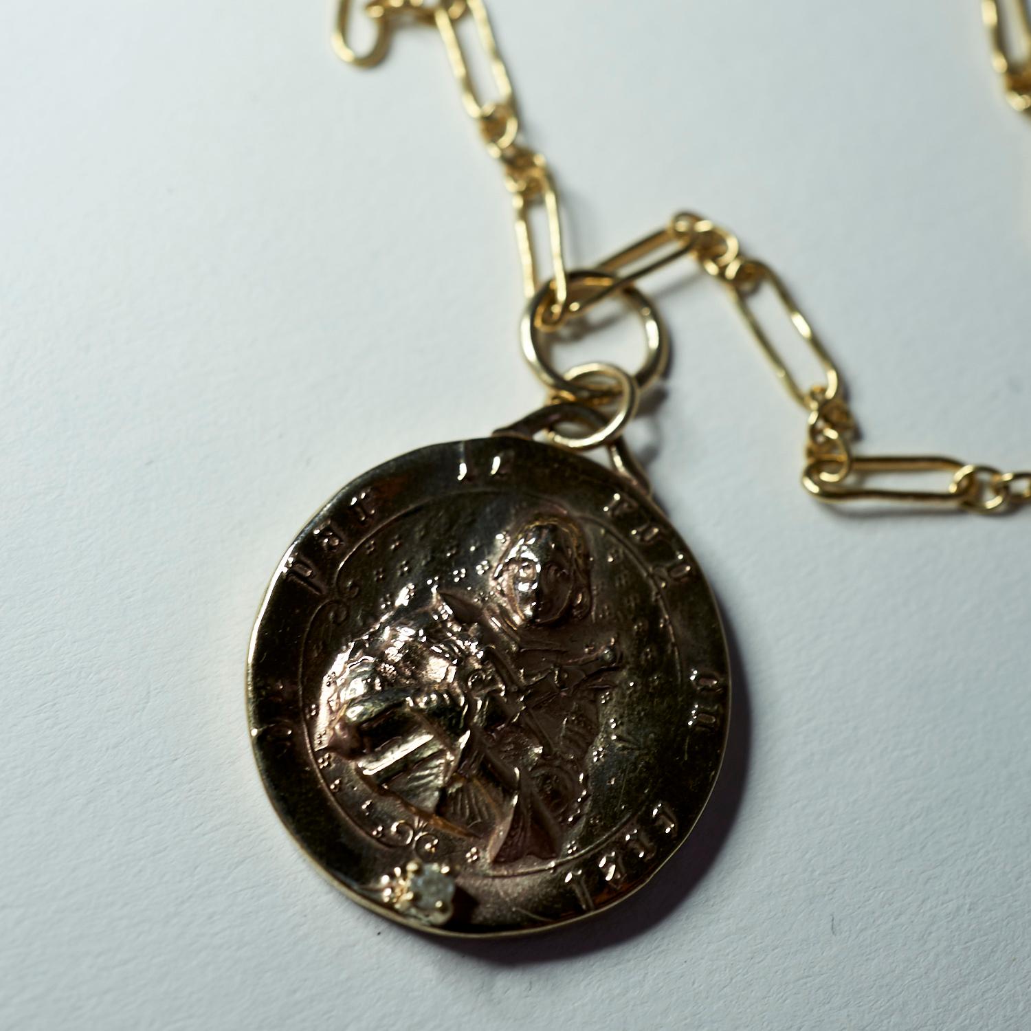 Brilliant Cut White Diamond Medal Necklace Joan of Arc Chain J Dauphin For Sale