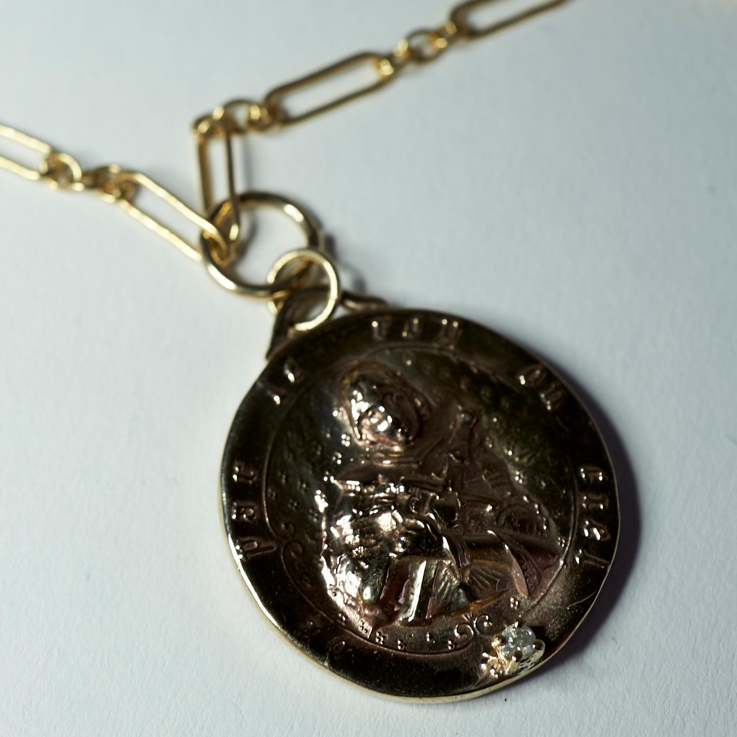 White Diamond Medal Necklace Joan of Arc Chain J Dauphin In New Condition For Sale In Los Angeles, CA