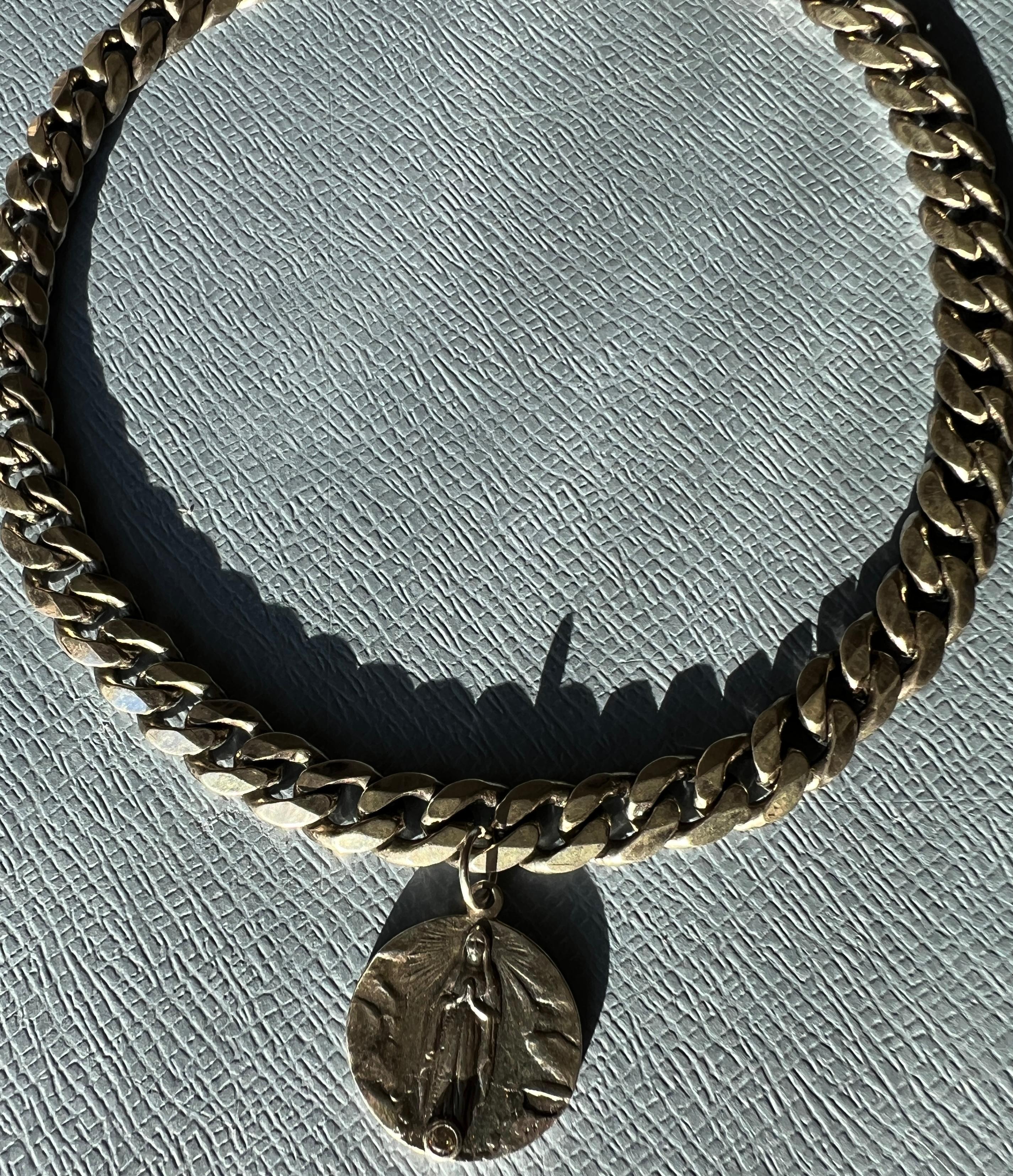 Contemporary White Diamond Medal Silver Virgin Mary Choker Chain Necklace For Sale