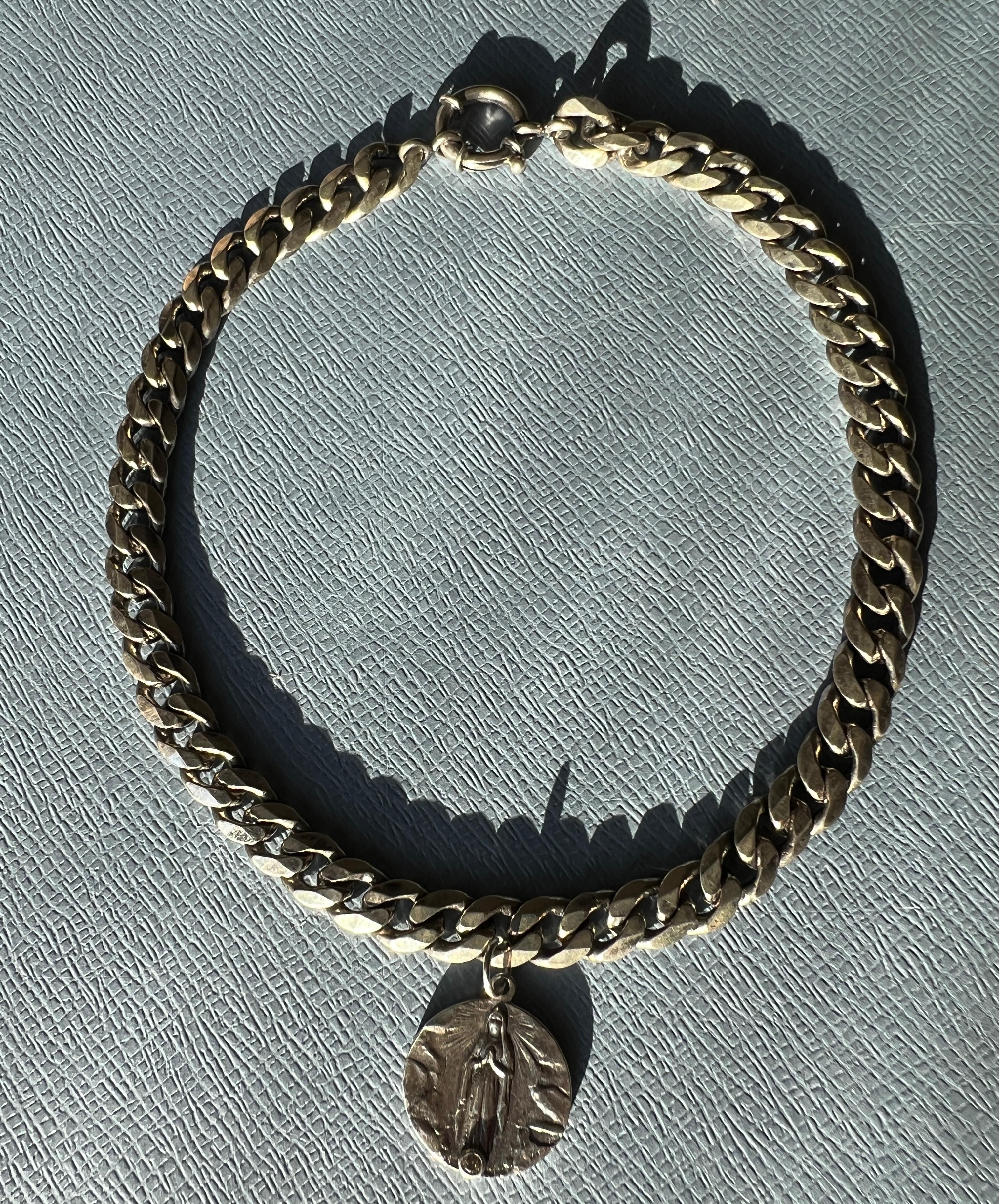 Single Cut White Diamond Medal Silver Virgin Mary Choker Chain Necklace For Sale