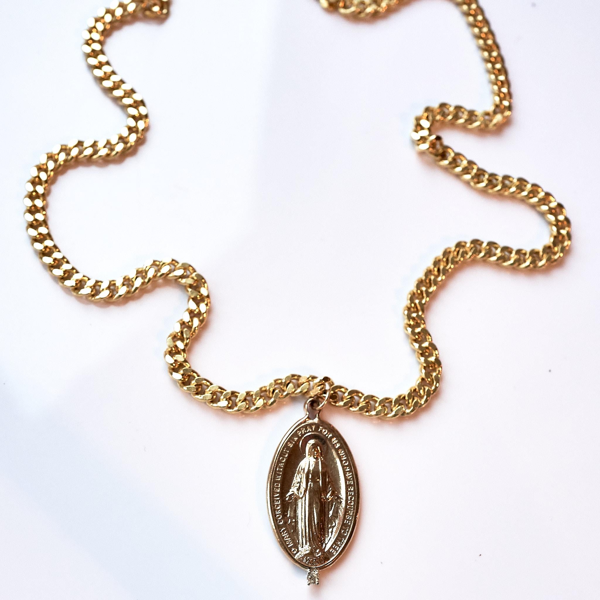White Diamond Medal Virgin Mary Oval Medal Chain Necklace J Dauphin For Sale 3
