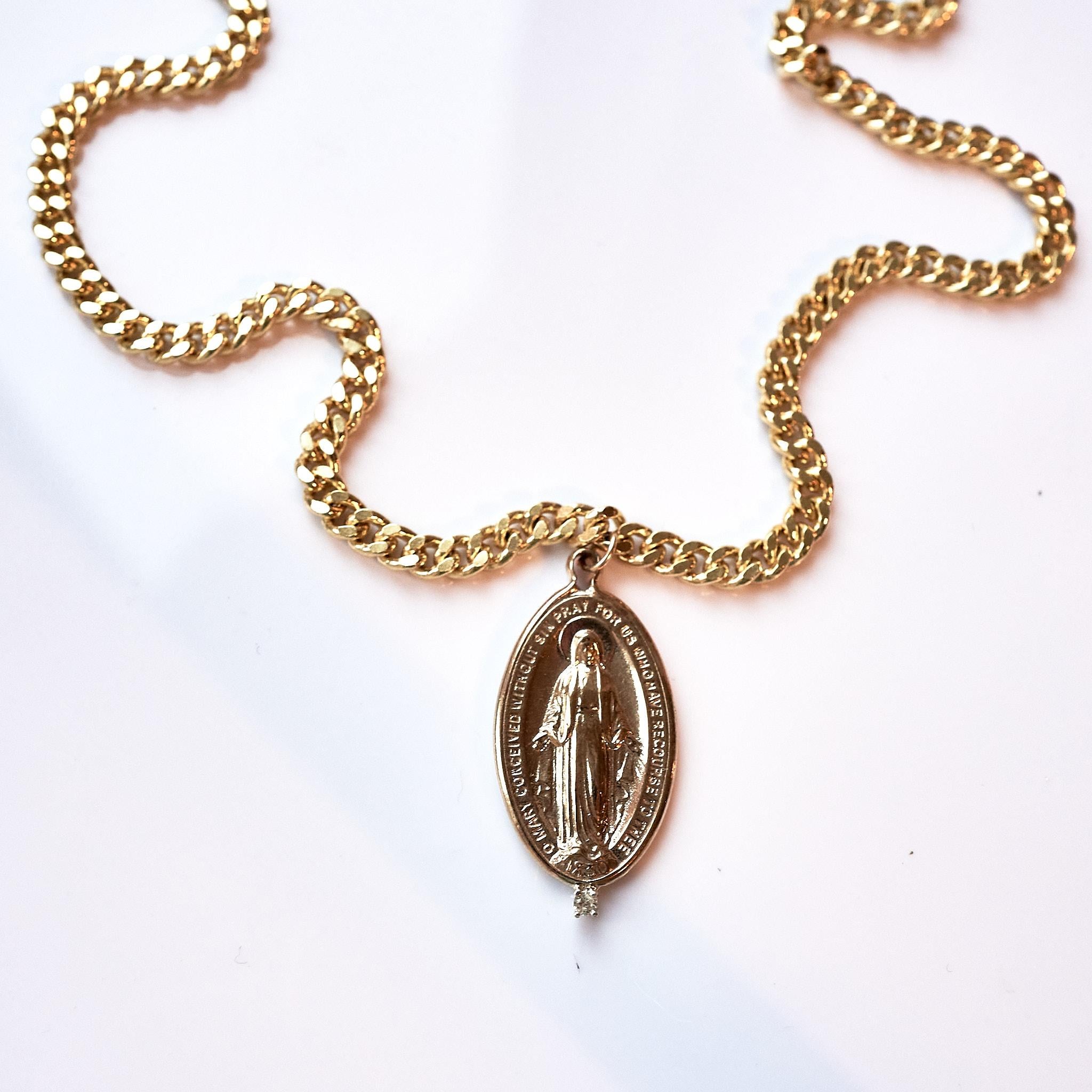 White Diamond Medal Virgin Mary Oval Medal Chain Necklace J Dauphin For Sale 7