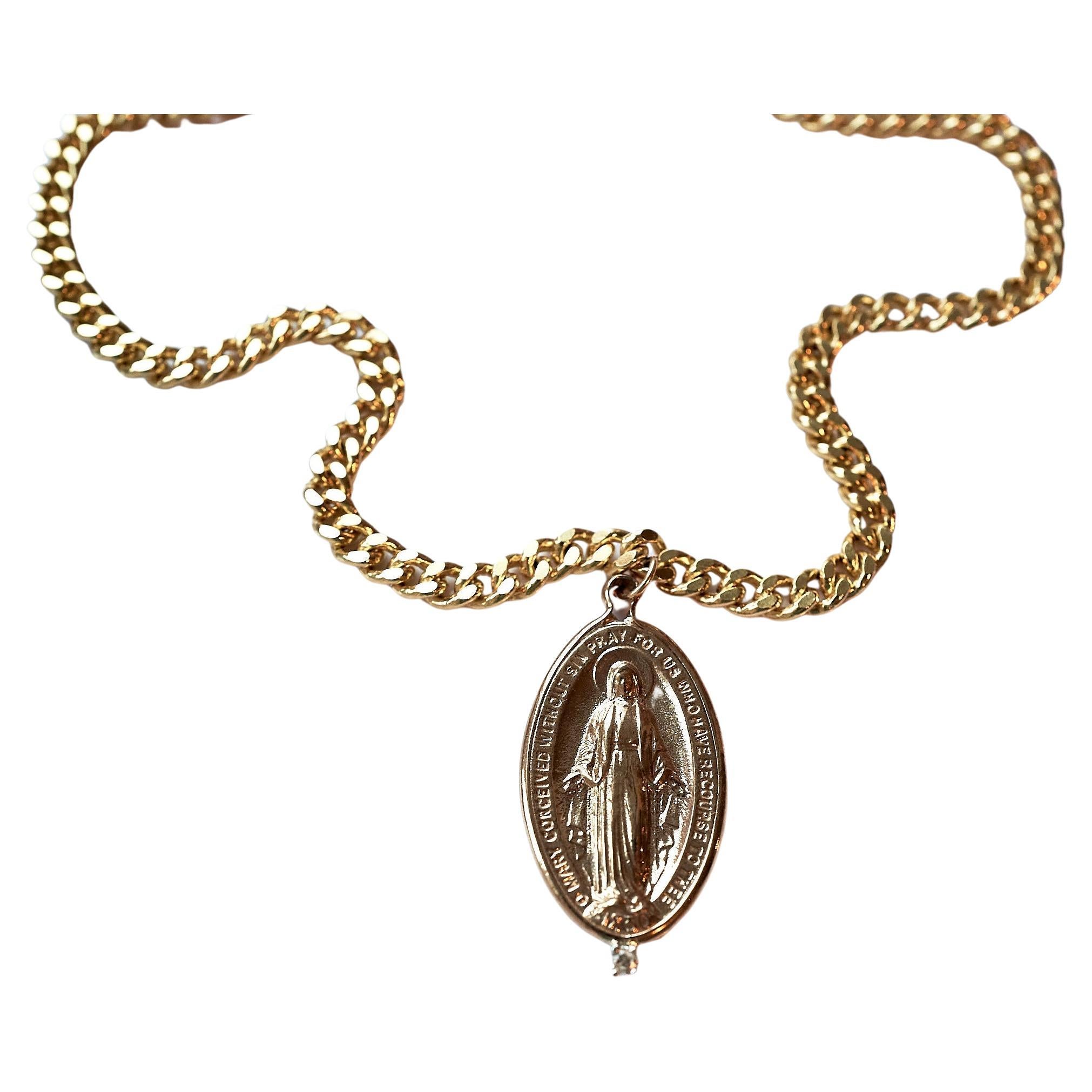 Contemporary White Diamond Medal Virgin Mary Oval Medal Chain Necklace J Dauphin For Sale