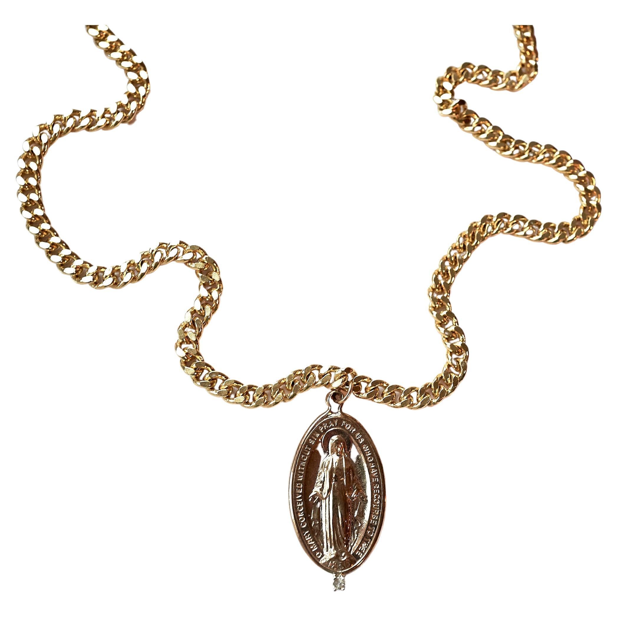 Brilliant Cut White Diamond Medal Virgin Mary Oval Medal Chain Necklace J Dauphin For Sale