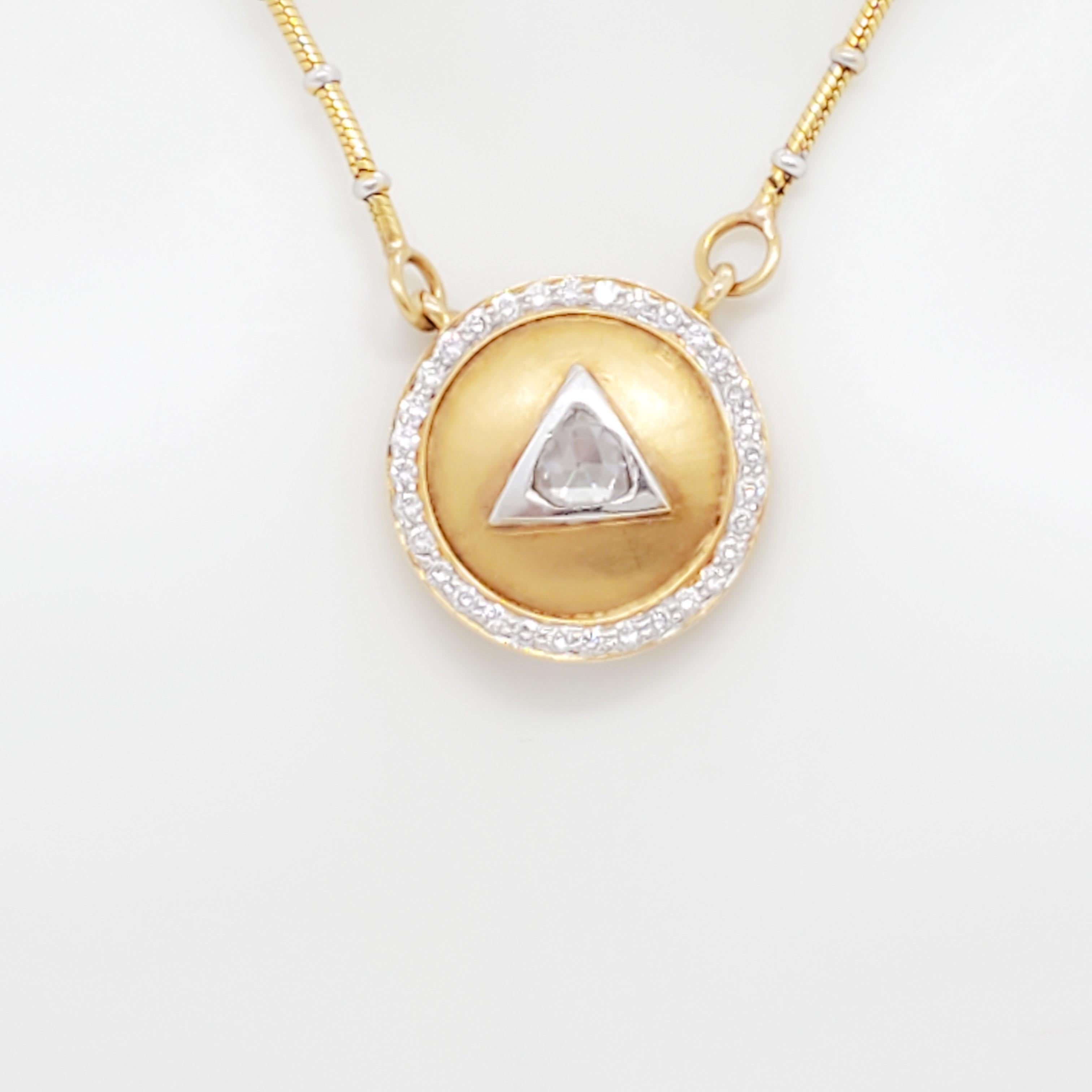 White Diamond Medallion Style Necklace in 18k Two Tone Gold For Sale 2
