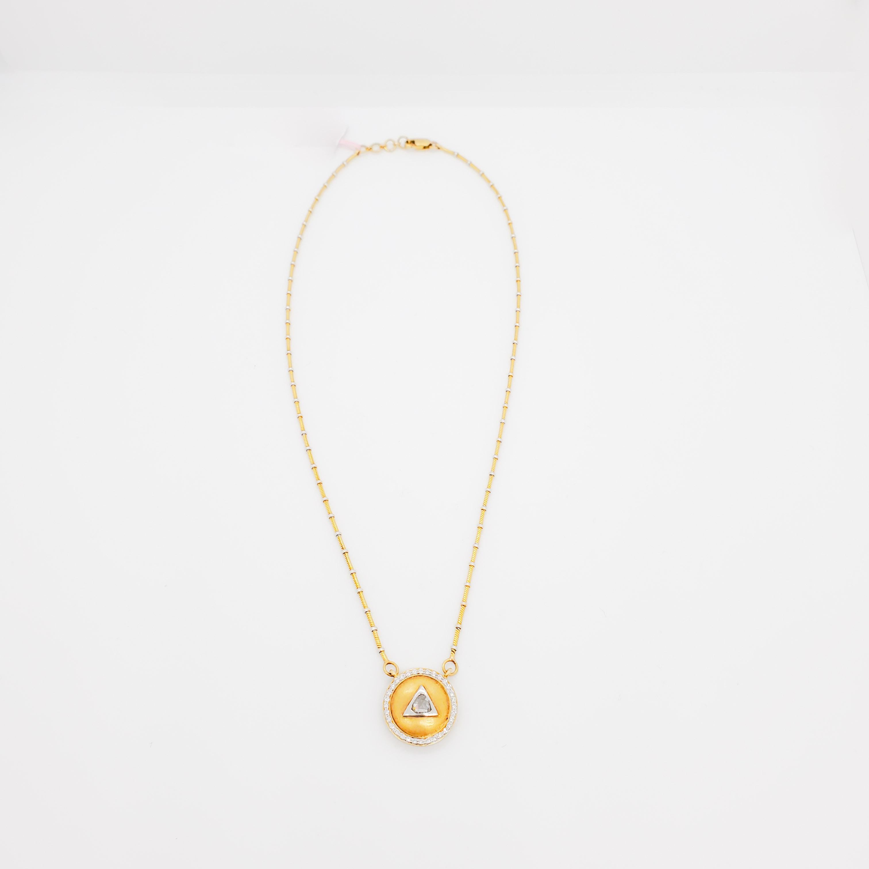 White Diamond Medallion Style Necklace in 18k Two Tone Gold In New Condition For Sale In Los Angeles, CA